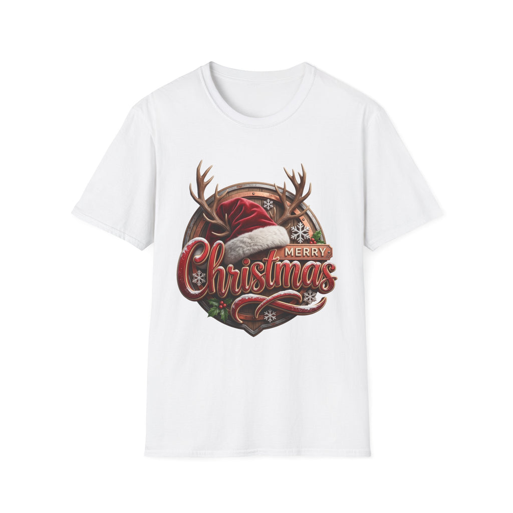 Merry Christmas Vintage Santa Hat & Antlers print on the front of a White t-shirt, laid flat on white
