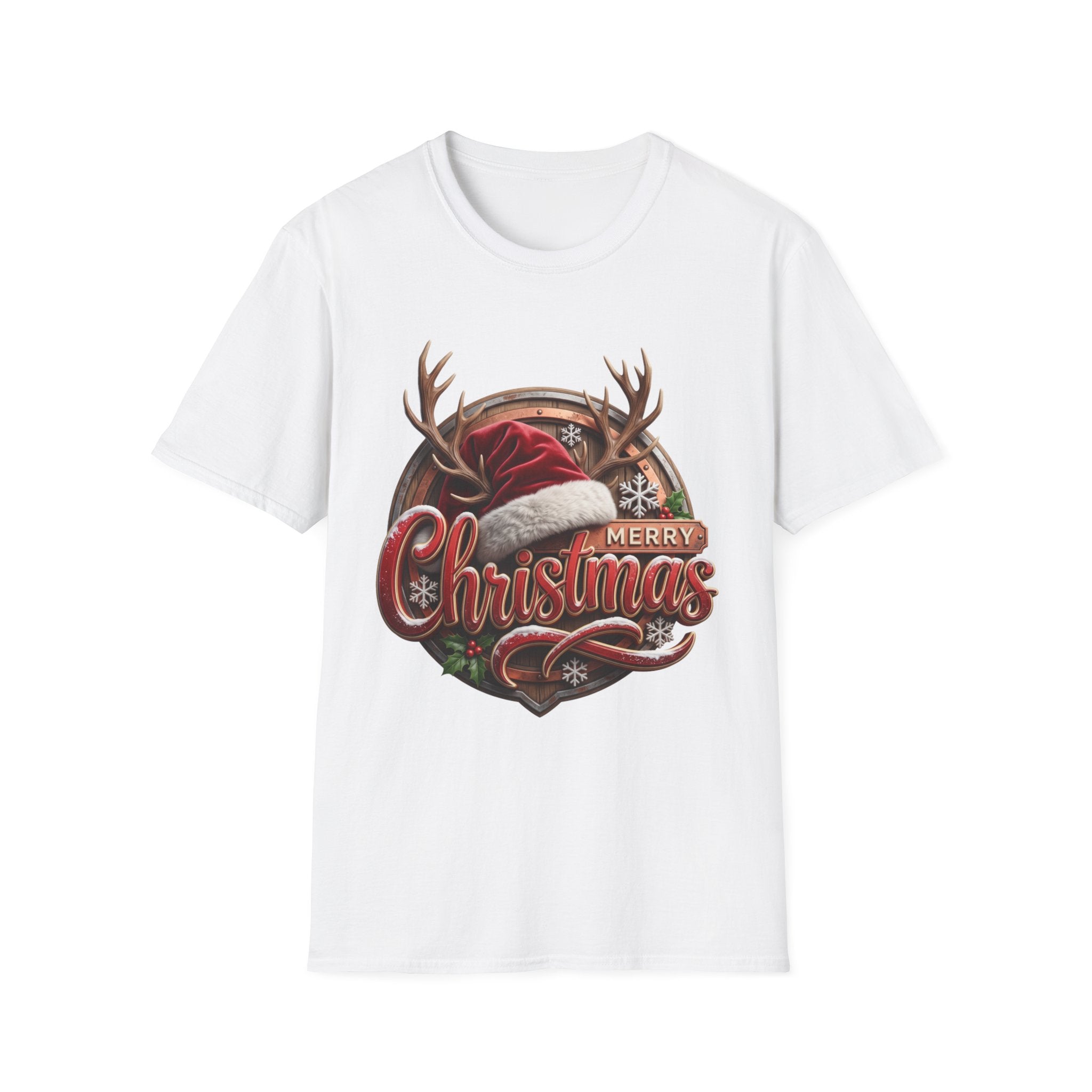Merry Christmas Vintage Santa Hat & Antlers print on the front of a White t-shirt, laid flat on white