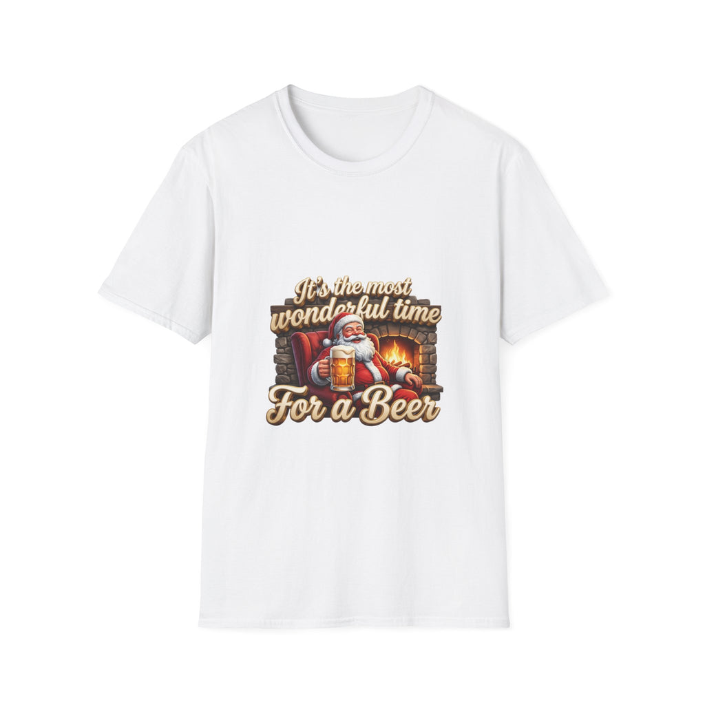 Most Wonderful Time for a Beer Santa print on the front of a White t-shirt, laid flat on white