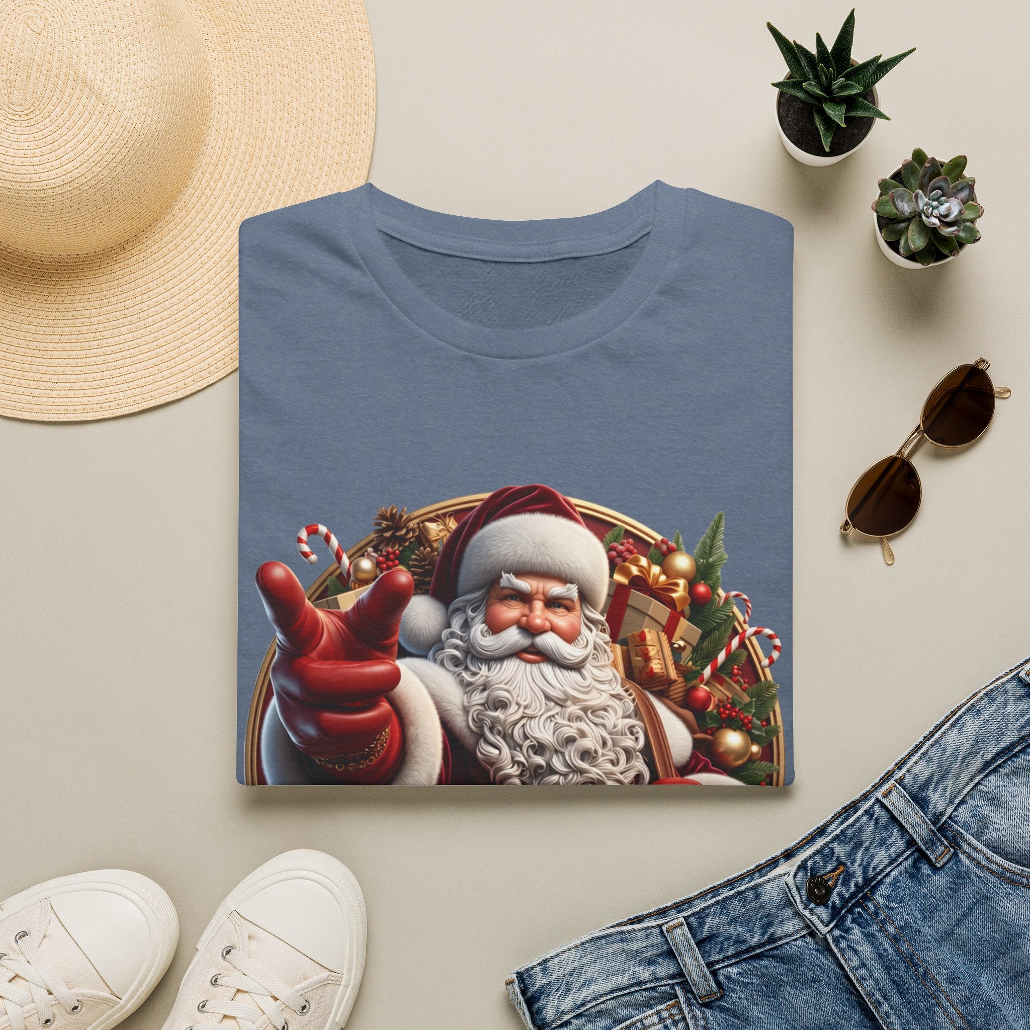 Santa You're On The List Pointing print on a Heather Indigo t-shirt, folded beside a straw hat and jeans
