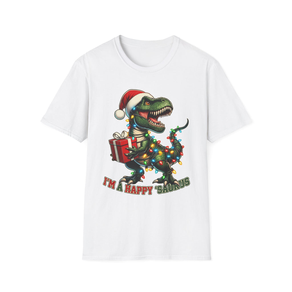 Happy Saurus T-Rex Santa Hat Christmas Lights print on the front of a White t-shirt, laid flat on white