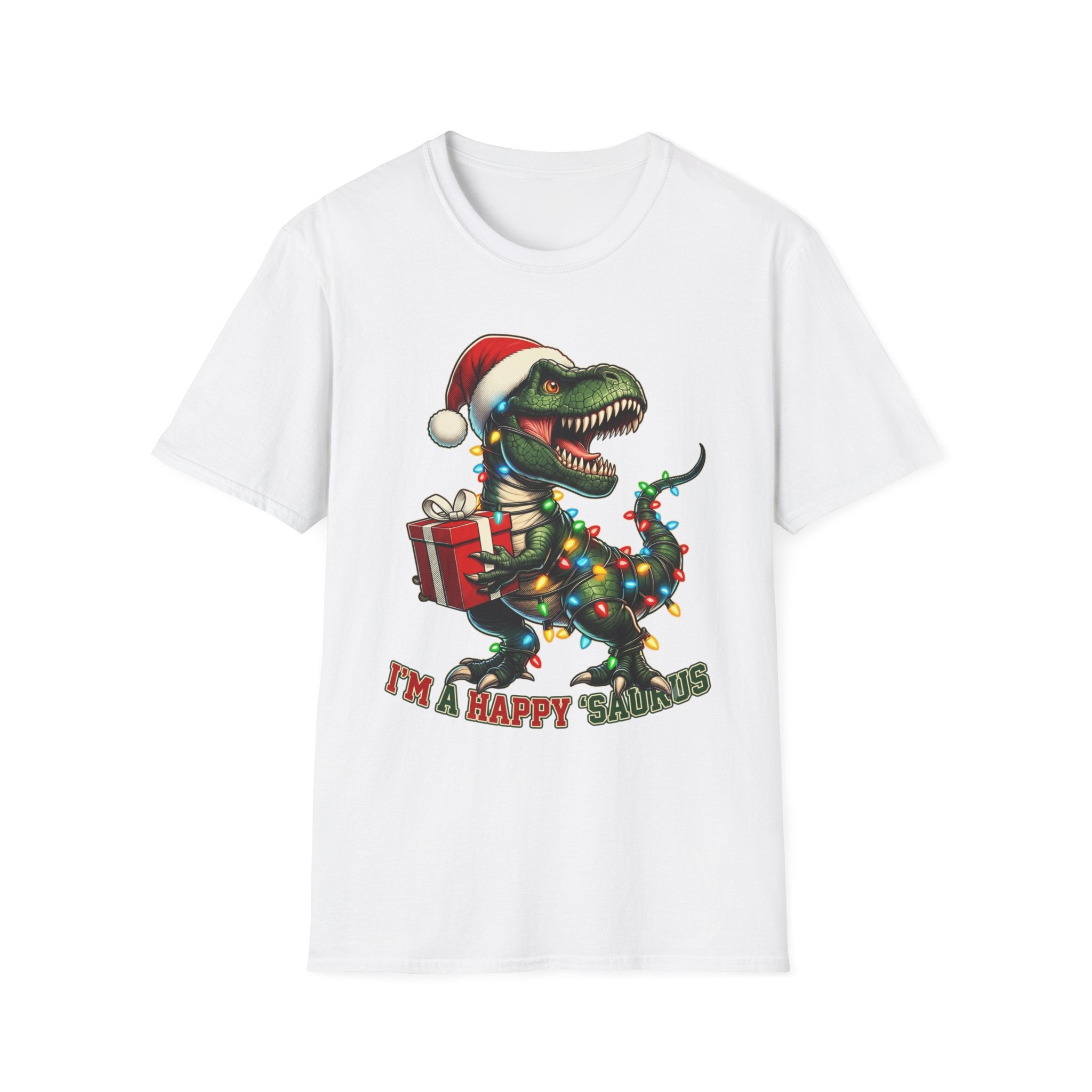 Happy Saurus T-Rex Santa Hat Christmas Lights print on the front of a White t-shirt, laid flat on white