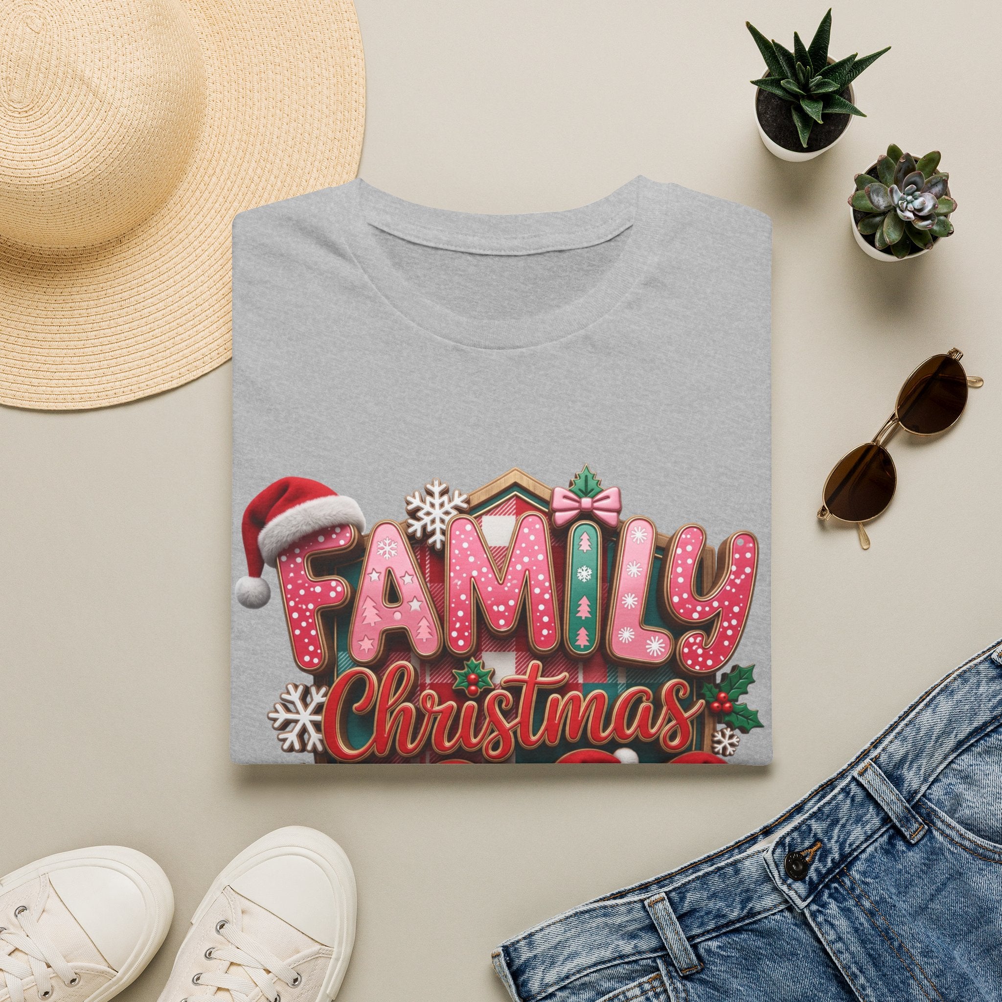 Family Christmas 2026 Making Memories Together print on a Sport Grey t-shirt, folded beside a straw hat and jeans