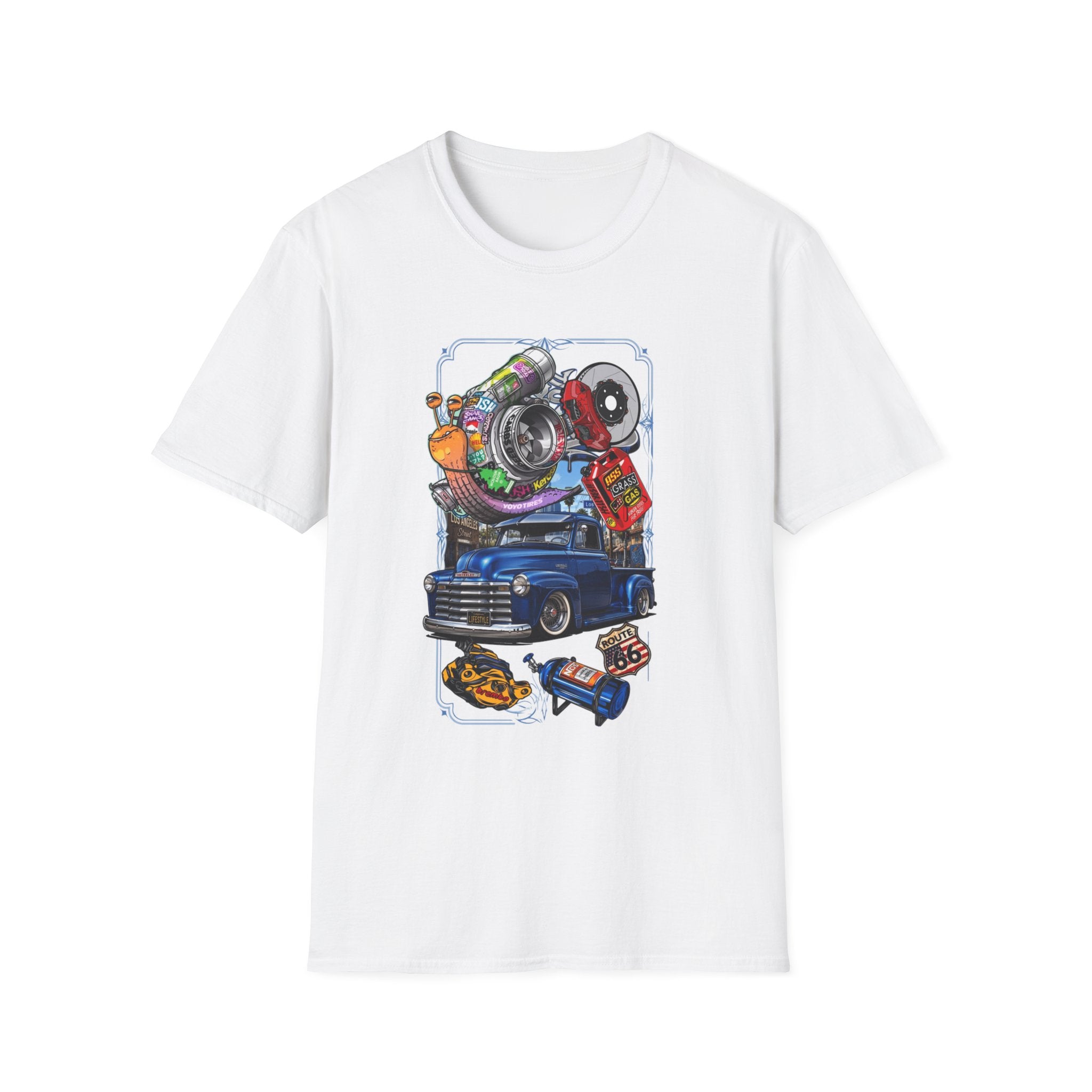 Turbocharged Snail Gearhead Car Parts print on the front of a White t-shirt, laid flat on white