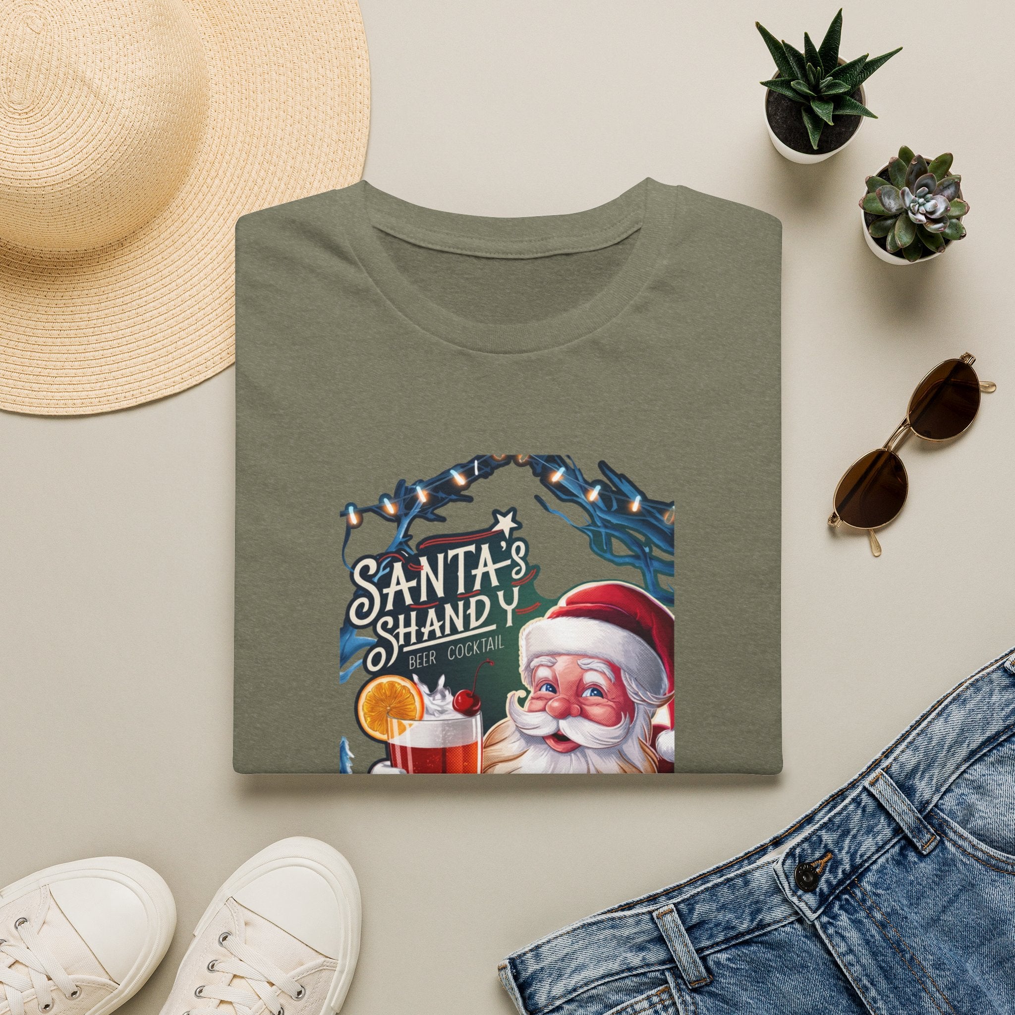 Santa's Shandy Beer Cocktail print on a Heather Military Green t-shirt, folded beside a straw hat and jeans