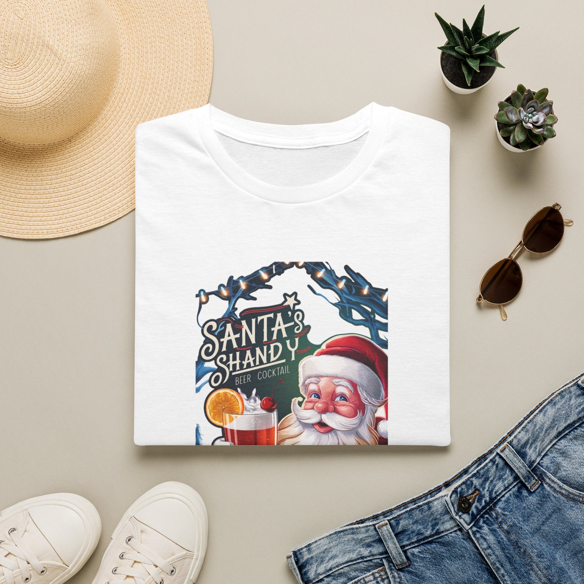 Santa's Shandy Beer Cocktail print on a White t-shirt, folded beside a straw hat and jeans