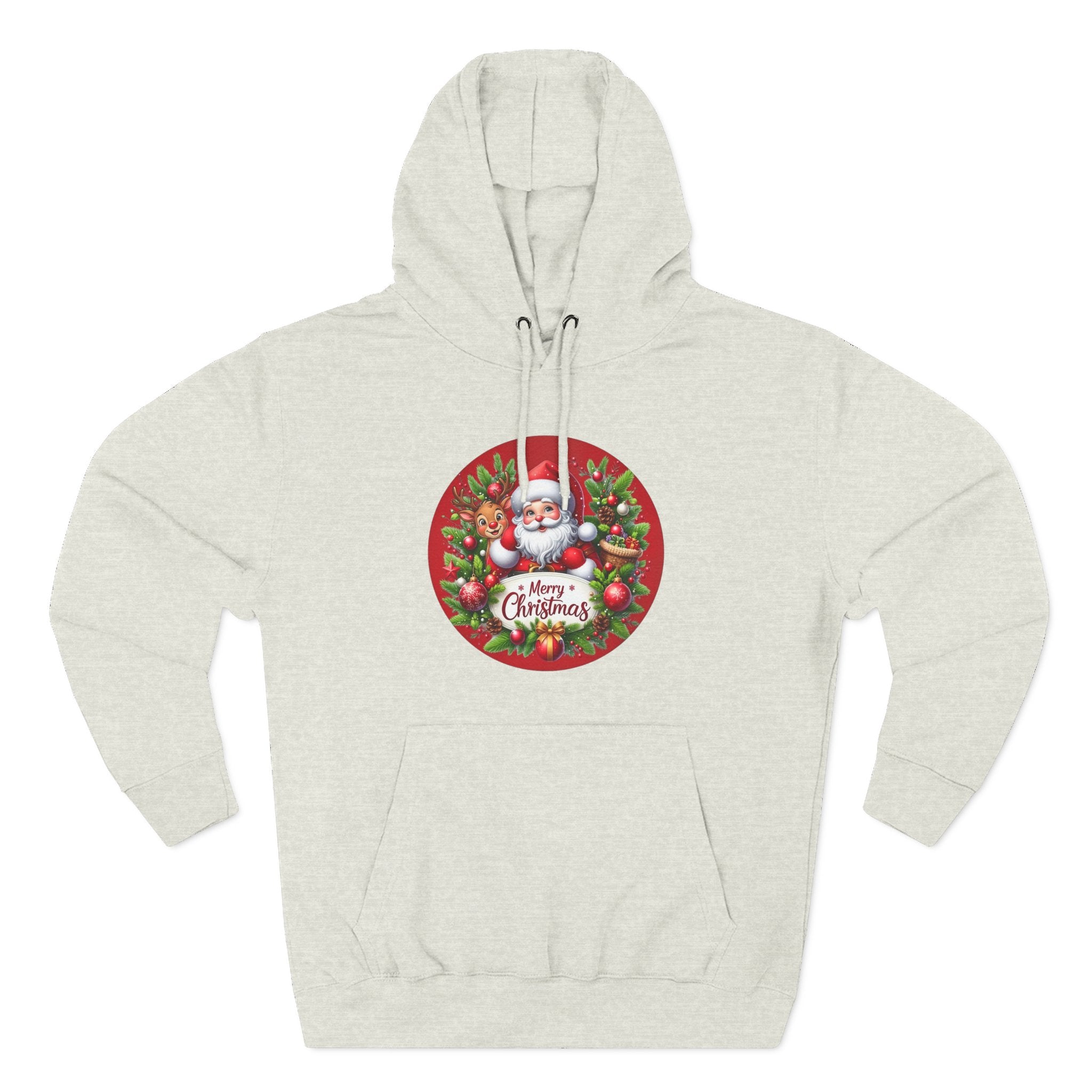 Santa & Reindeer Merry Christmas Wreath Hoodie, shown in Oatmeal Heather