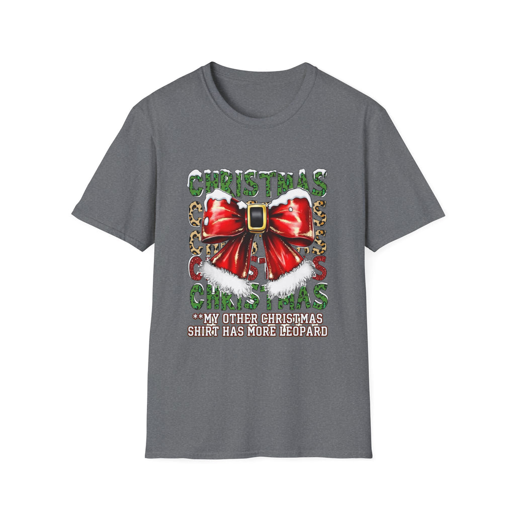 Stacked Christmas Leopard Print Santa Belt Bow print on the front of a Graphite Heather t-shirt, laid flat on white
