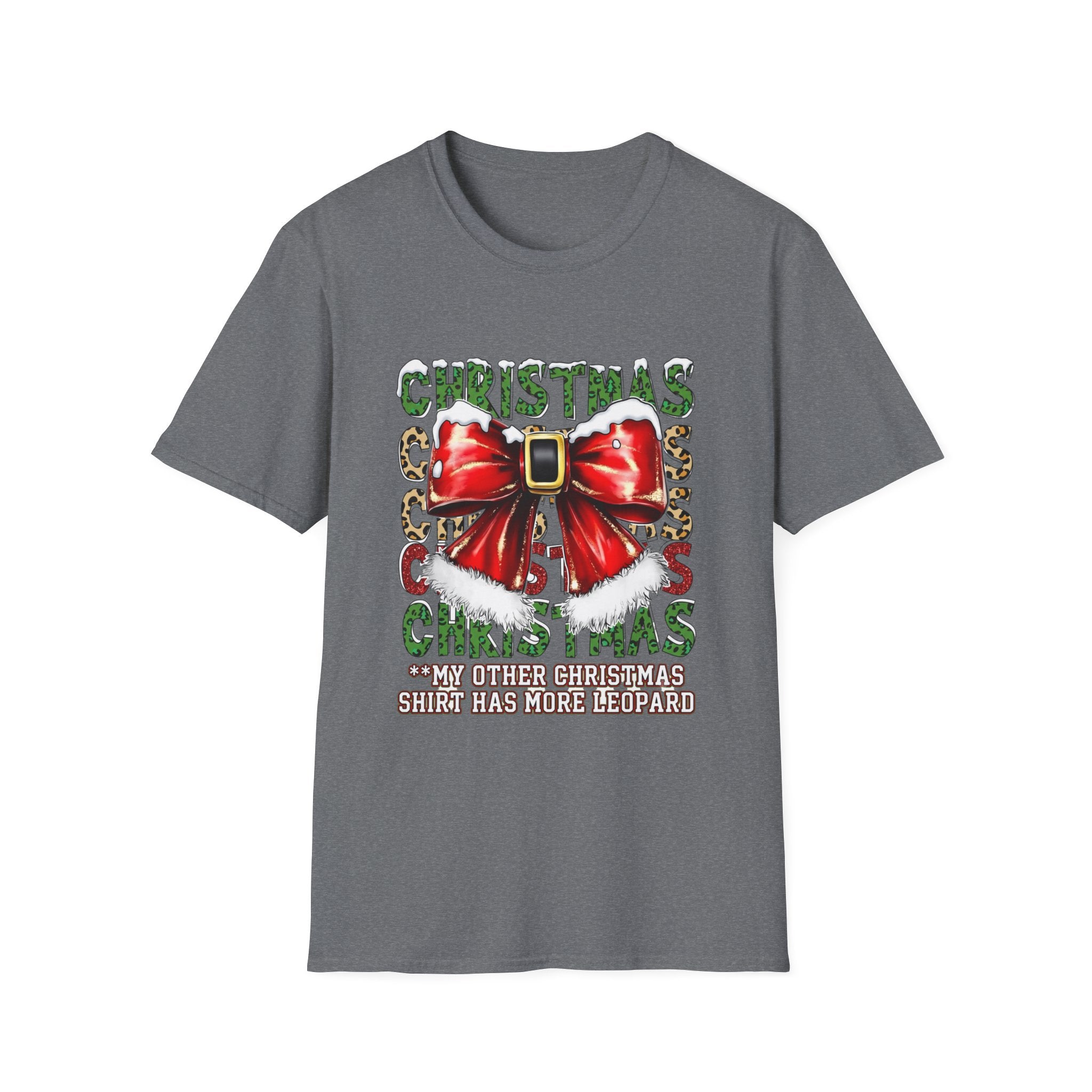 Stacked Christmas Leopard Print Santa Belt Bow print on the front of a Graphite Heather t-shirt, laid flat on white