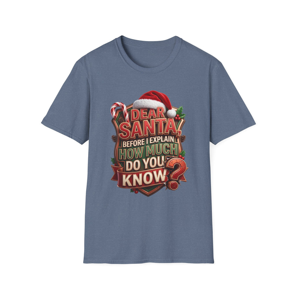 Dear Santa Before I Explain print on the front of a Heather Indigo t-shirt, laid flat on white