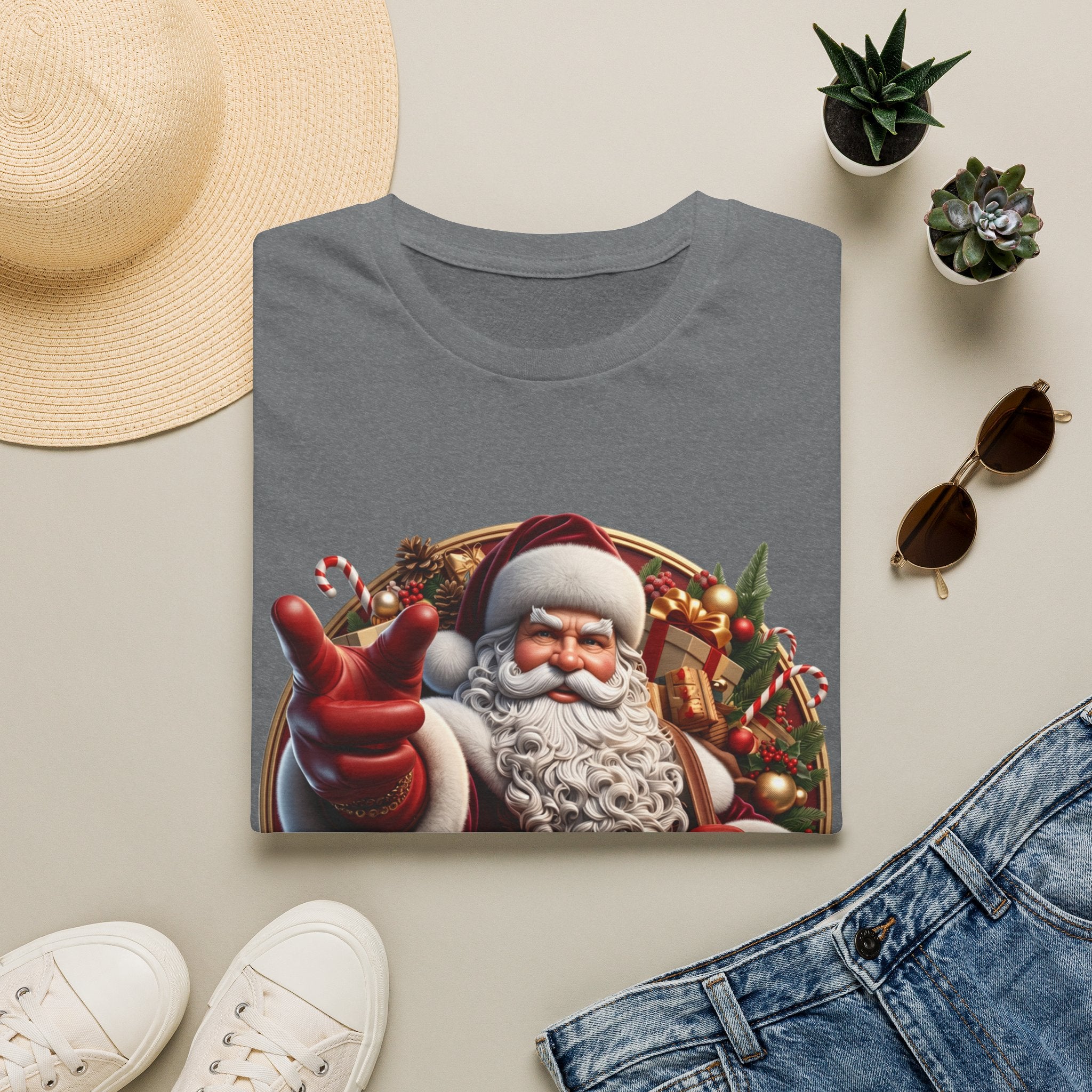 Santa You're On The List Pointing print on a Graphite Heather t-shirt, folded beside a straw hat and jeans