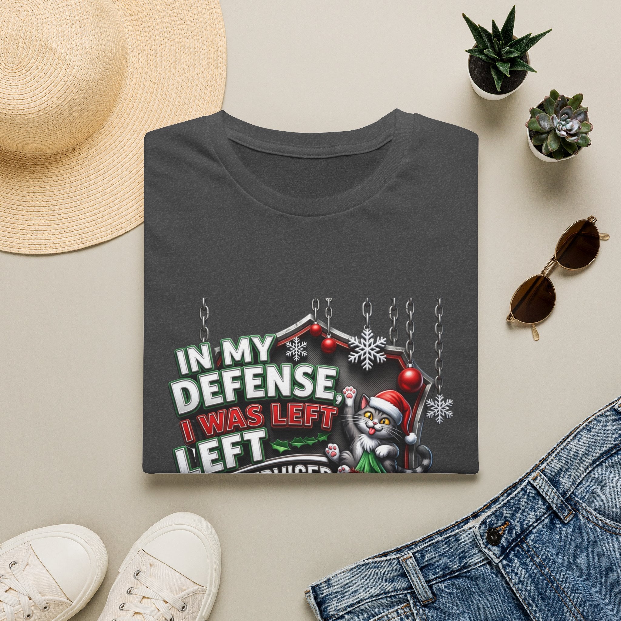 Cat In My Defense Left Unsupervised print on a Dark Heather t-shirt, folded beside a straw hat and jeans