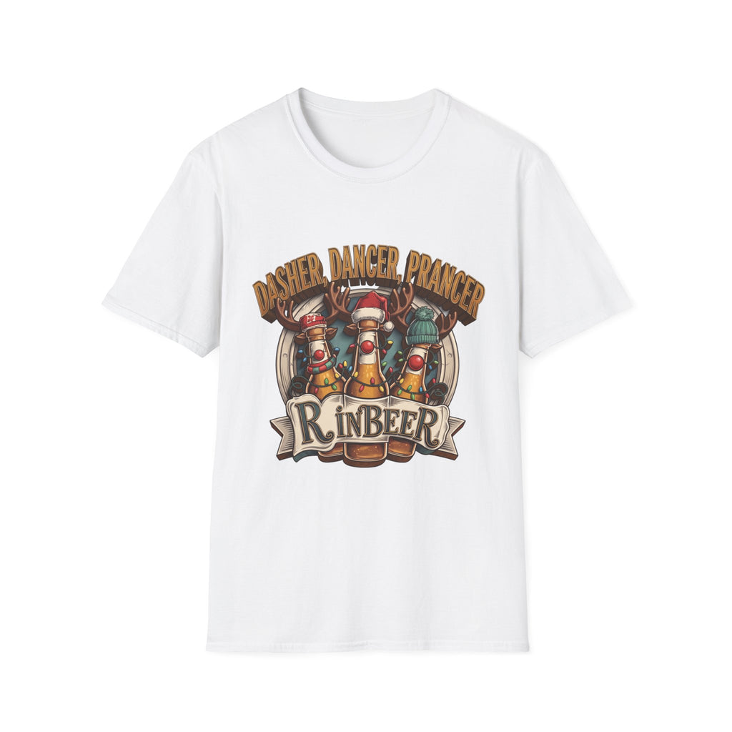 Dasher Dancer Prancer Reinbeer Christmas Beer print on the front of a White t-shirt, laid flat on white