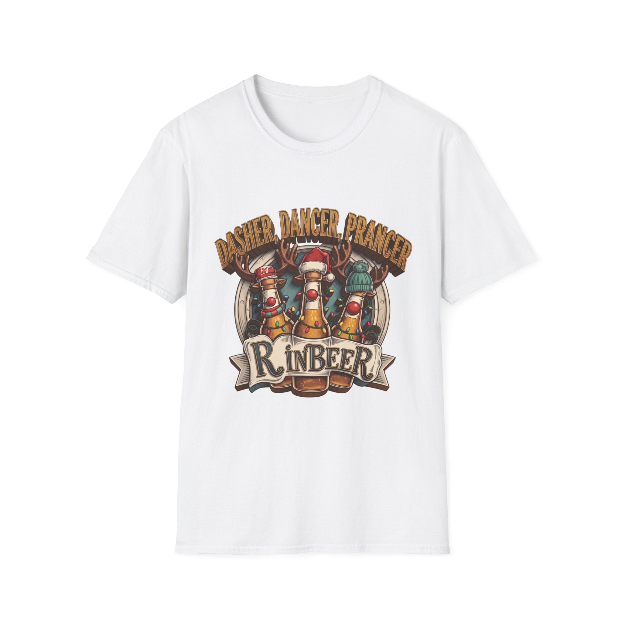 Dasher Dancer Prancer Reinbeer Christmas Beer print on the front of a White t-shirt, laid flat on white