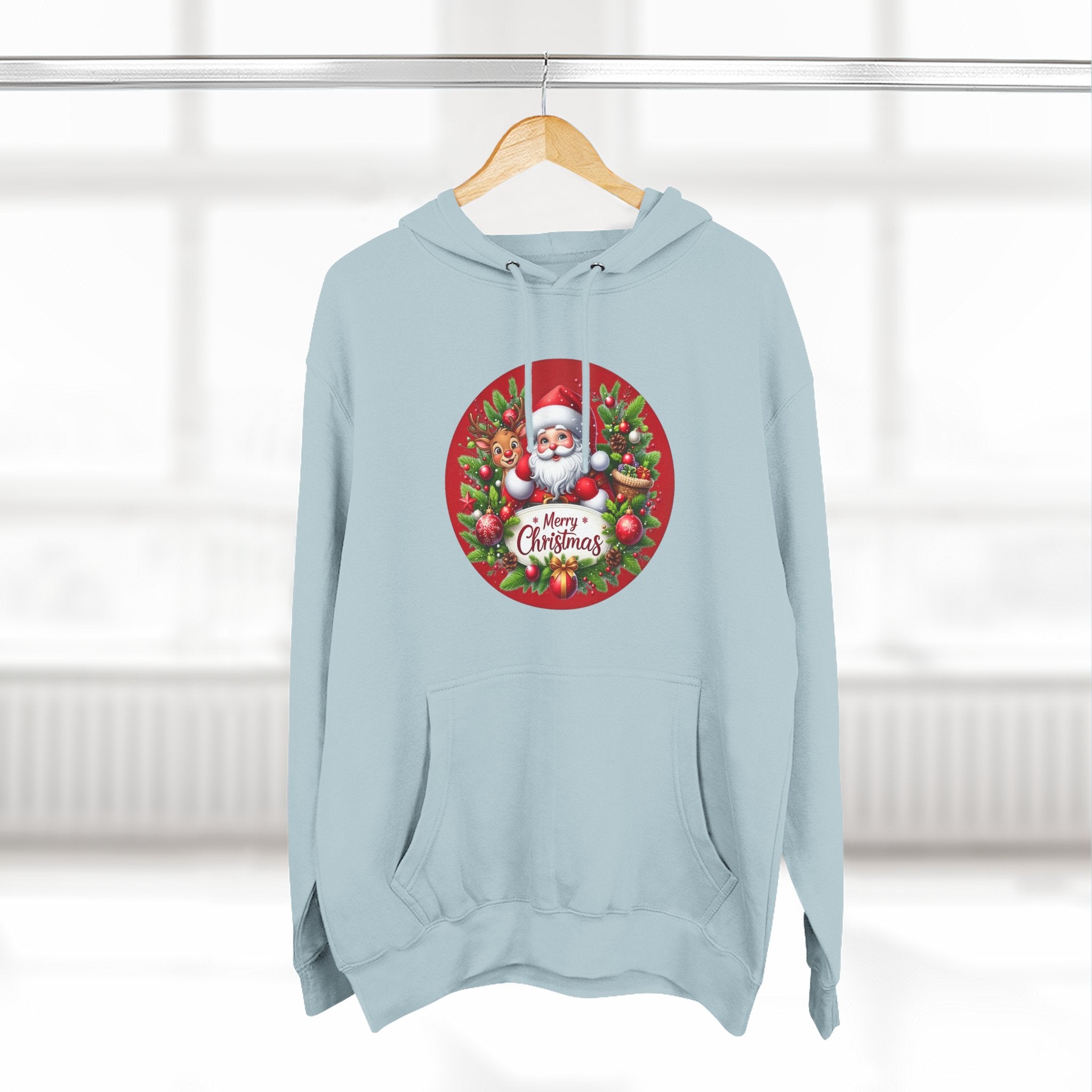 Santa & Reindeer Merry Christmas Wreath Hoodie