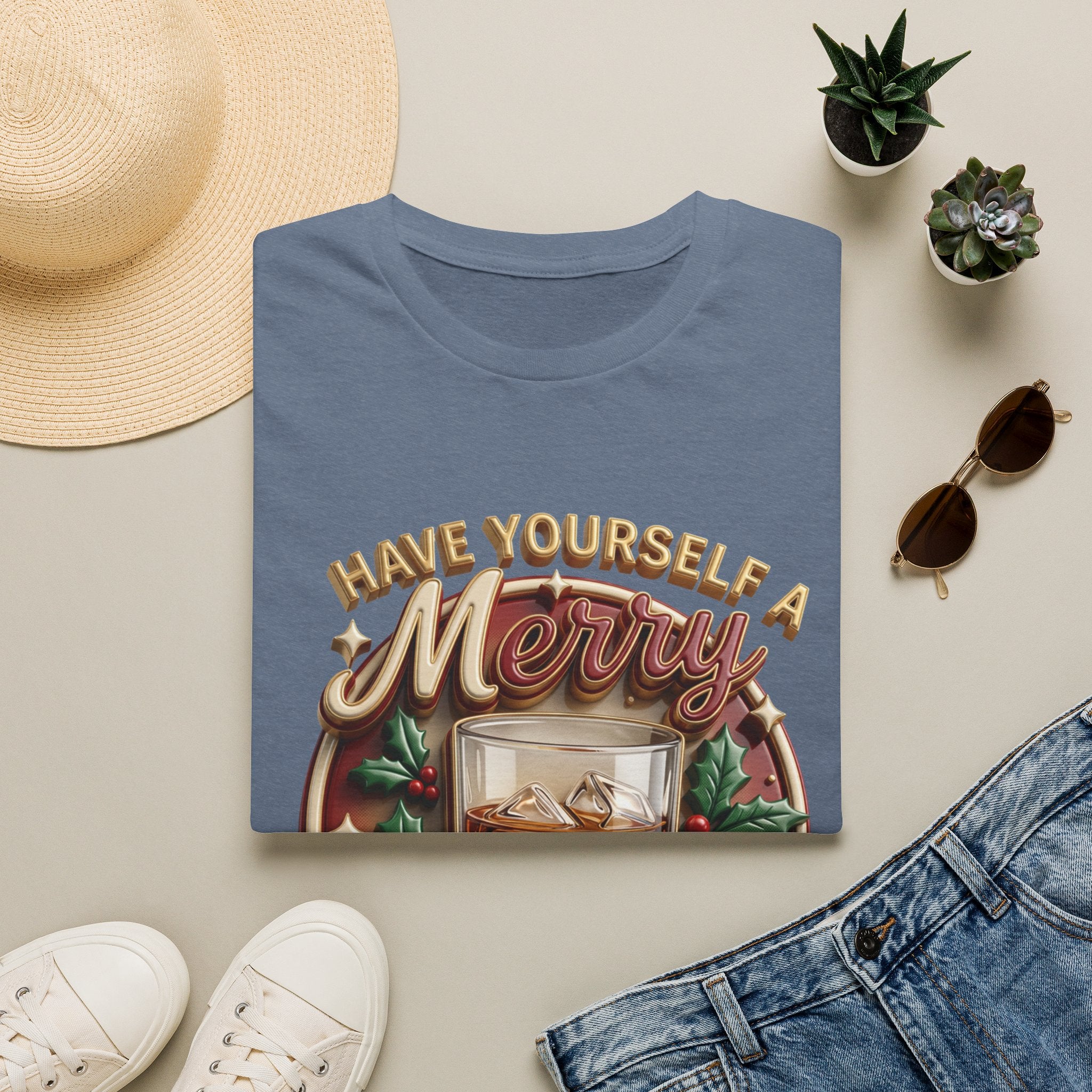Have Yourself a Merry Little Cocktail print on a Heather Indigo t-shirt, folded beside a straw hat and jeans