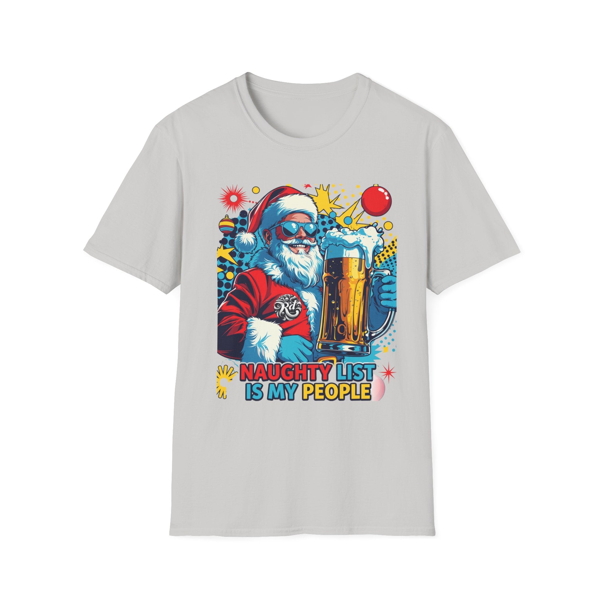 Naughty List Is My People Pop Art Santa Beer print on the front of an Ice Grey t-shirt, laid flat on white