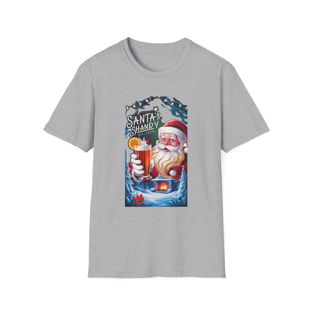 Santa's Shandy Beer Cocktail print on the front of a Sport Grey t-shirt, laid flat on white
