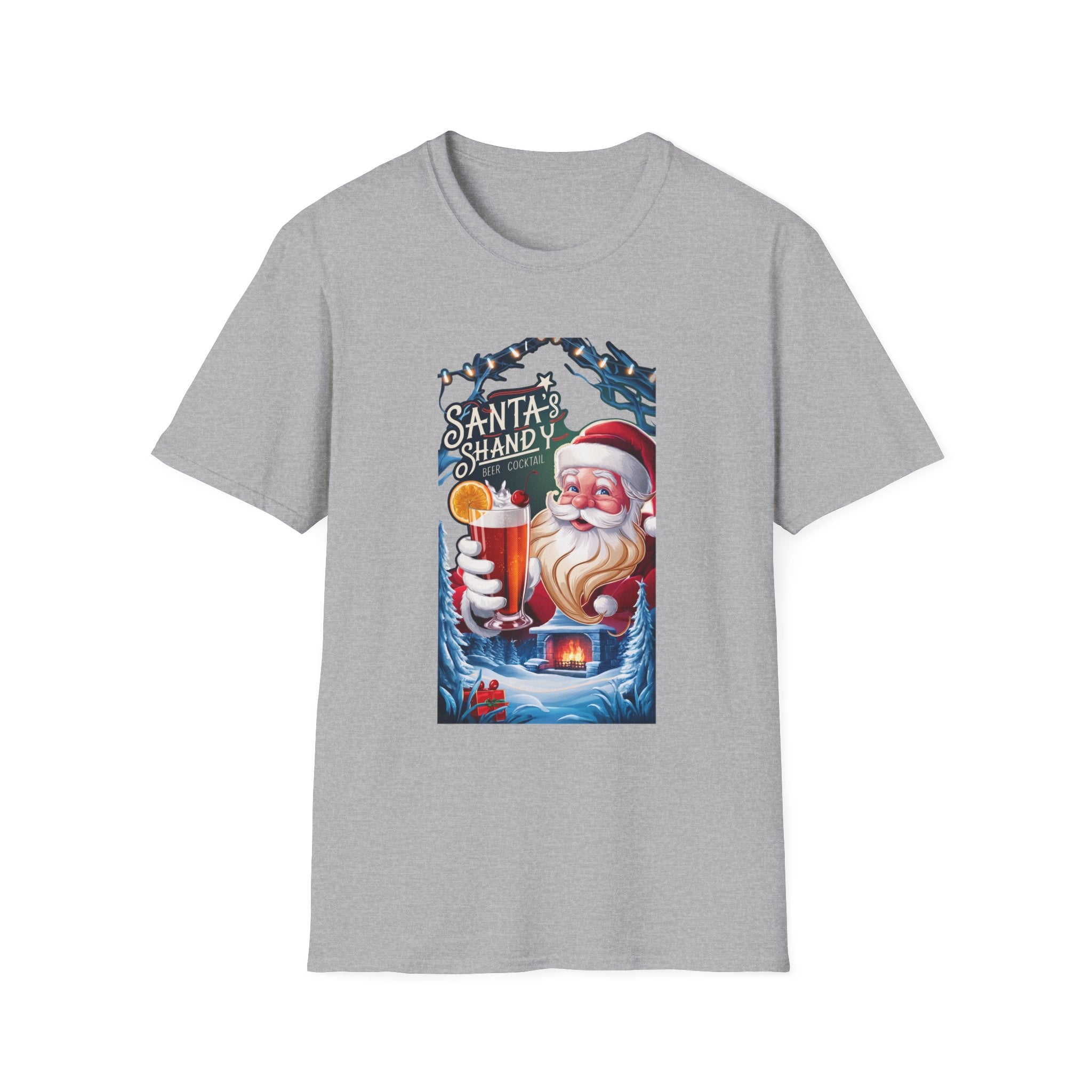 Santa's Shandy Beer Cocktail print on the front of a Sport Grey t-shirt, laid flat on white