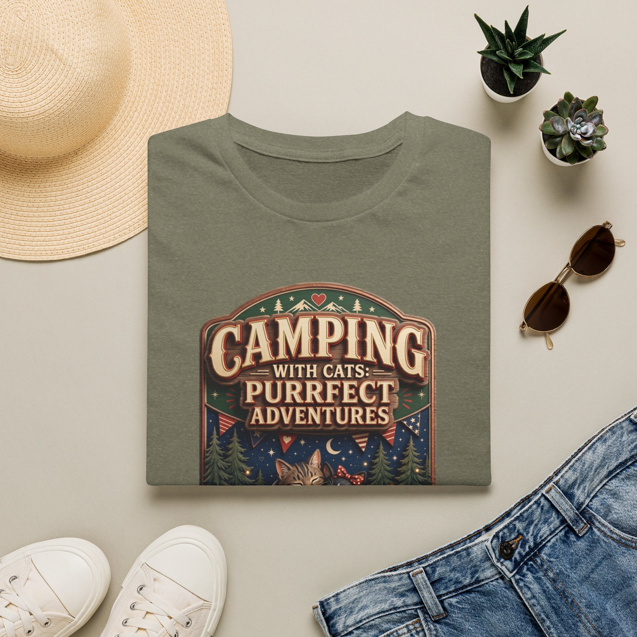 Camping With Cats Purrfect Adventures print on a Heather Military Green t-shirt, folded beside a straw hat and jeans
