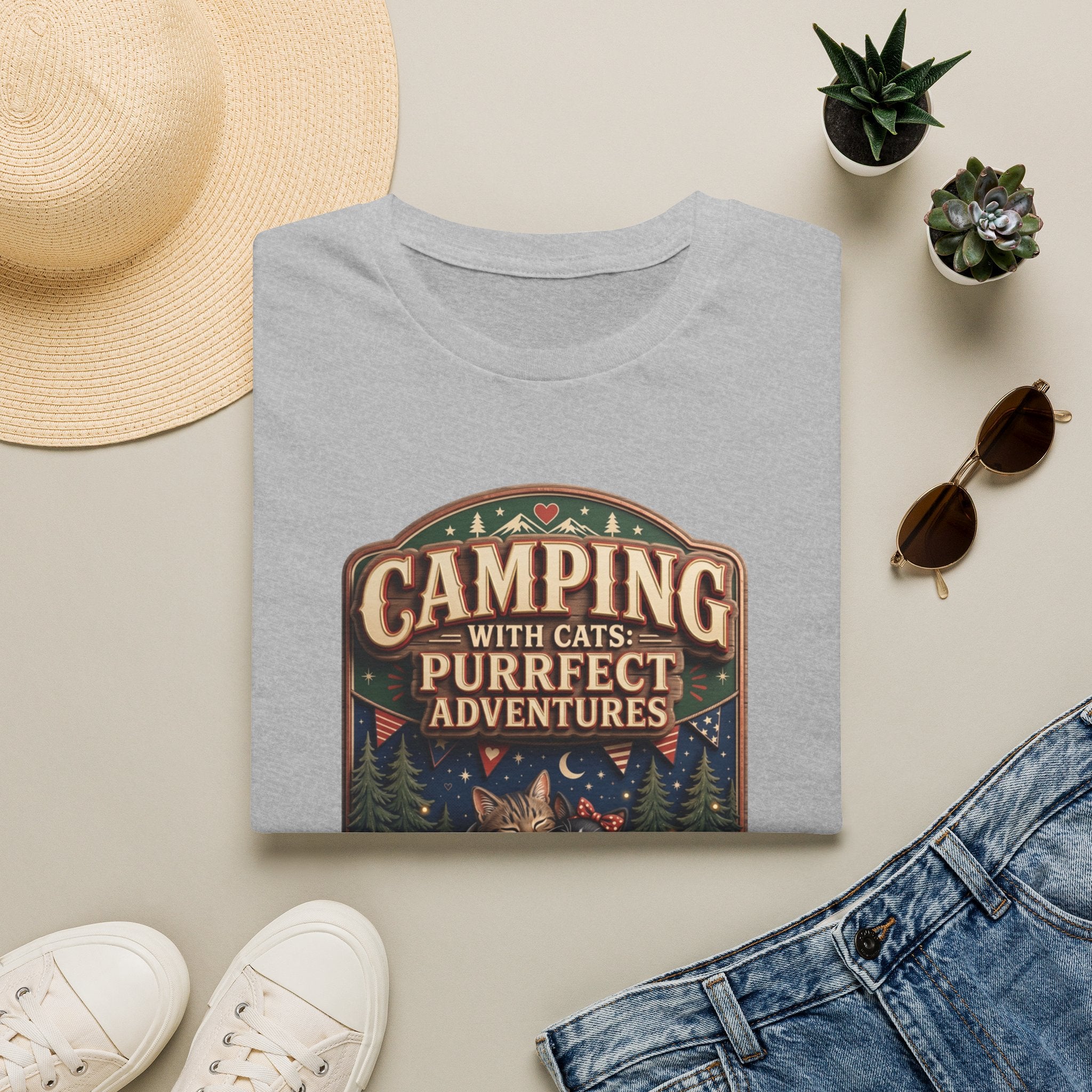 Camping With Cats Purrfect Adventures print on a Sport Grey t-shirt, folded beside a straw hat and jeans