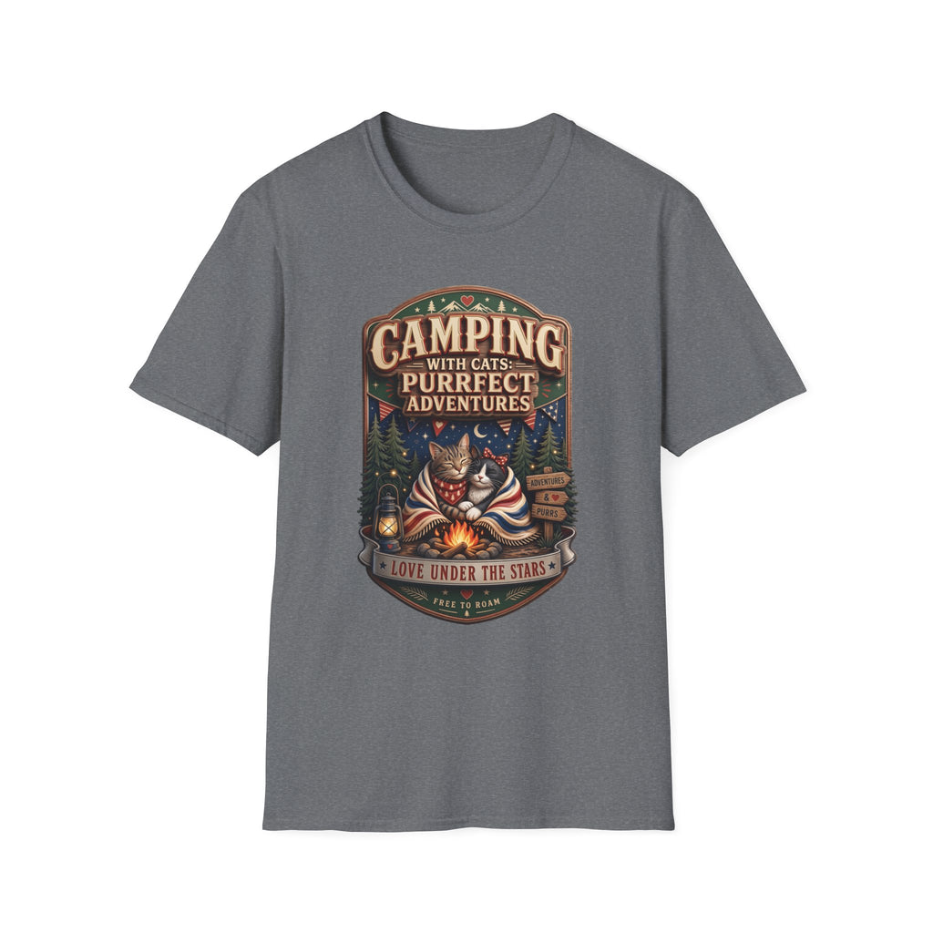 Camping With Cats Purrfect Adventures print on the front of a Graphite Heather t-shirt, laid flat on white