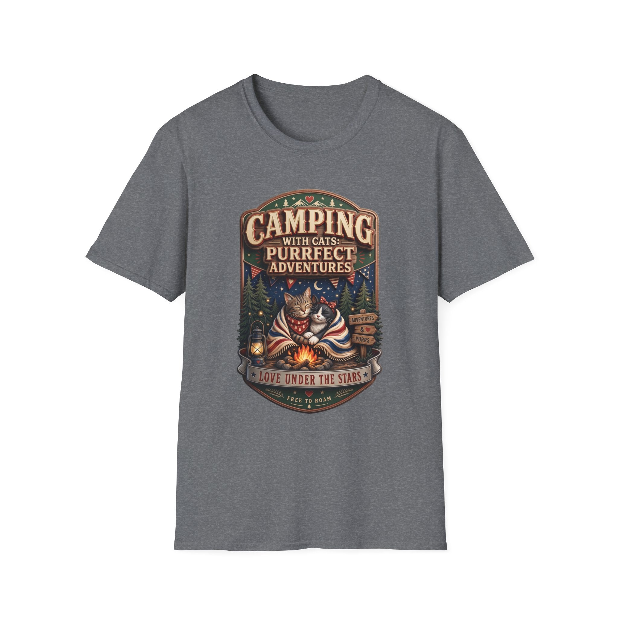 Camping With Cats Purrfect Adventures print on the front of a Graphite Heather t-shirt, laid flat on white