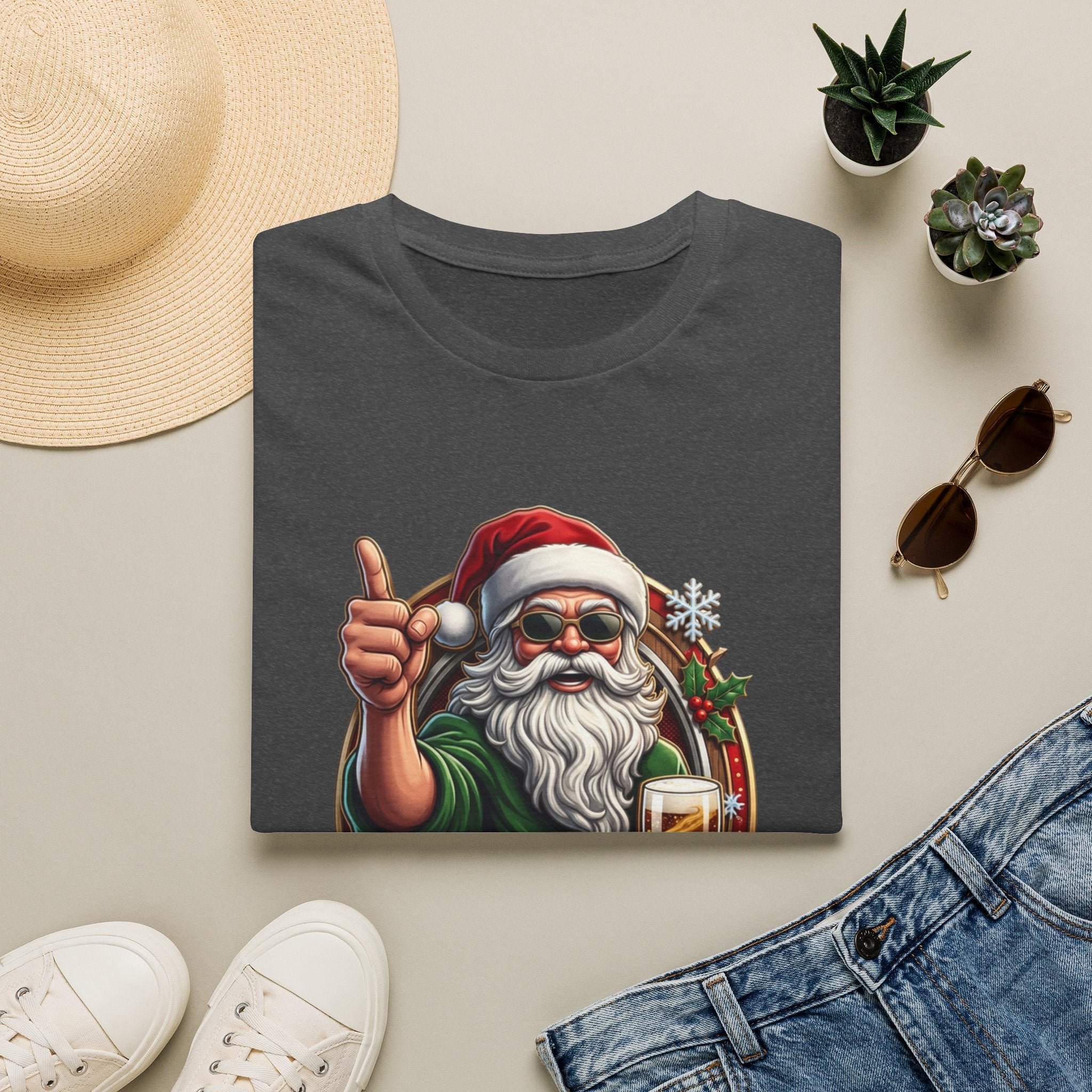 Cheers to the Naughty List Santa Beer print on a Dark Heather t-shirt, folded beside a straw hat and jeans
