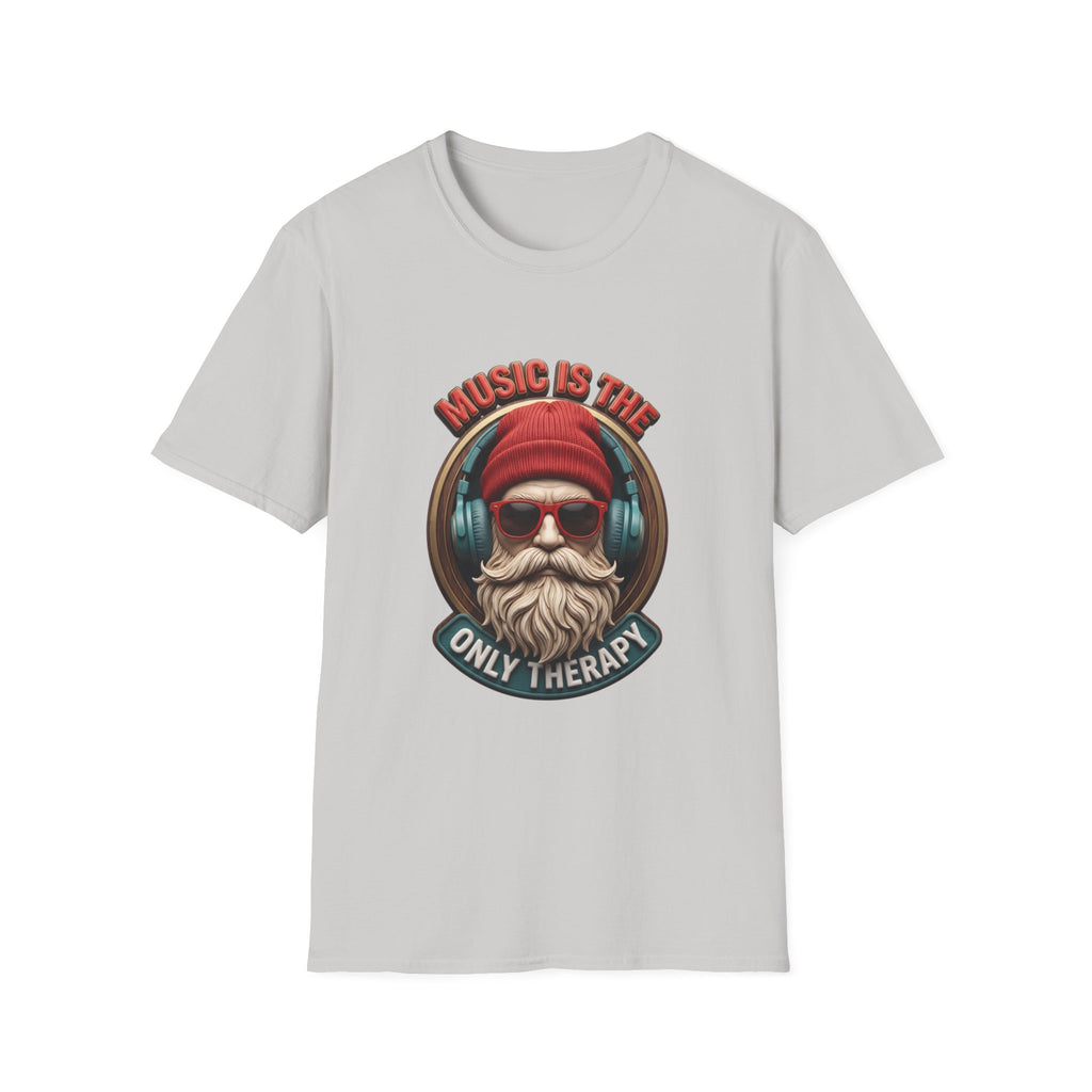 Music Is The Only Therapy Bearded Beanie print on the front of an Ice Grey t-shirt, laid flat on white