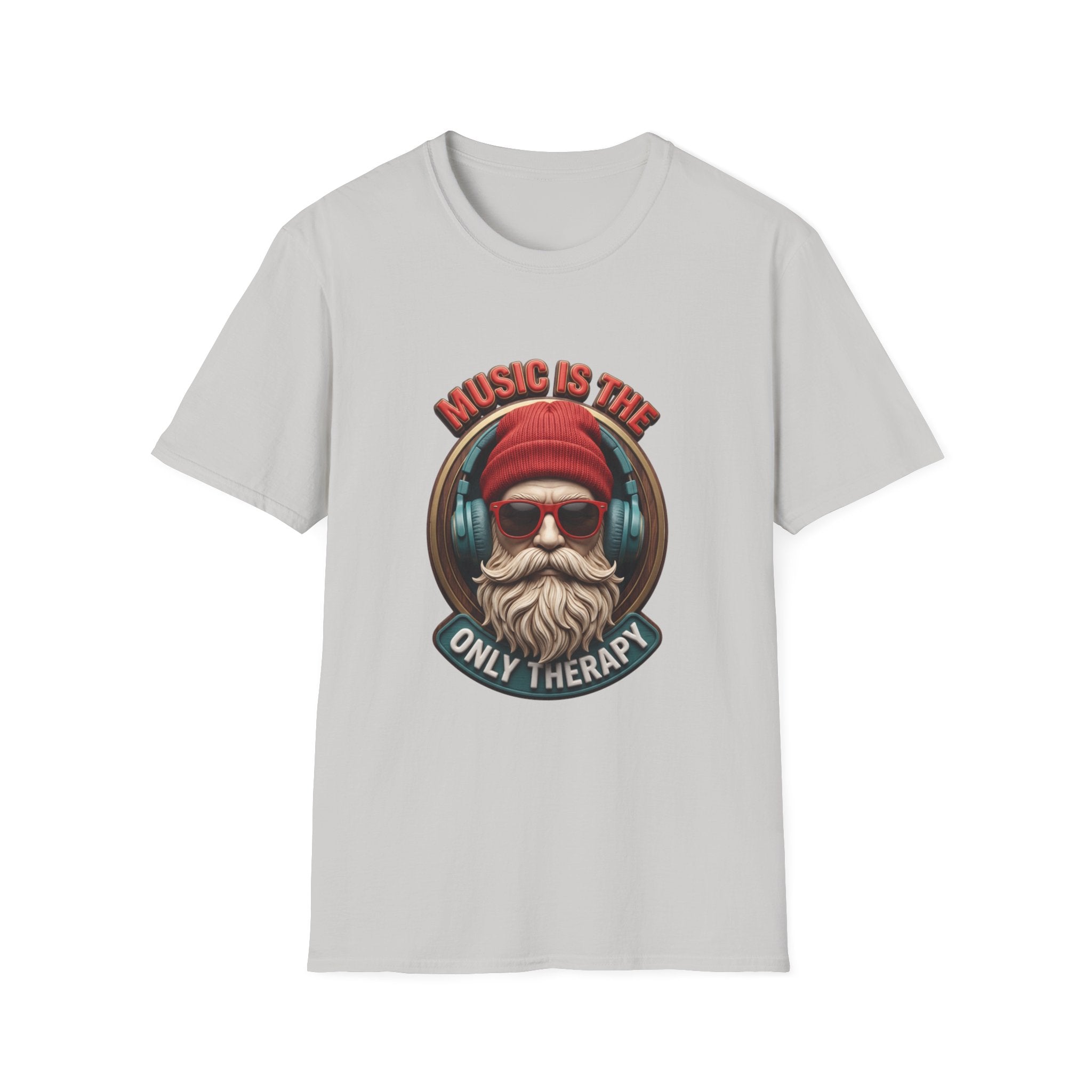 Music Is The Only Therapy Bearded Beanie print on the front of an Ice Grey t-shirt, laid flat on white
