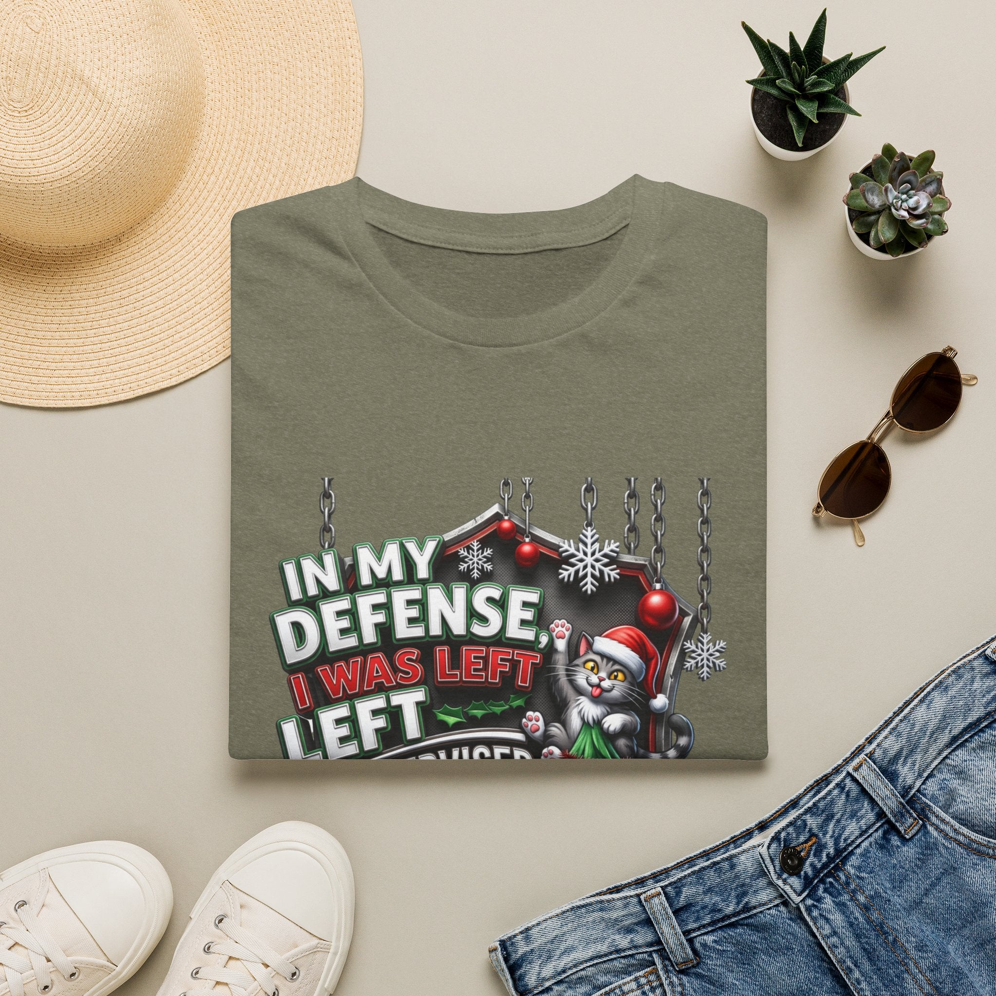Cat In My Defense Left Unsupervised print on a Heather Military Green t-shirt, folded beside a straw hat and jeans