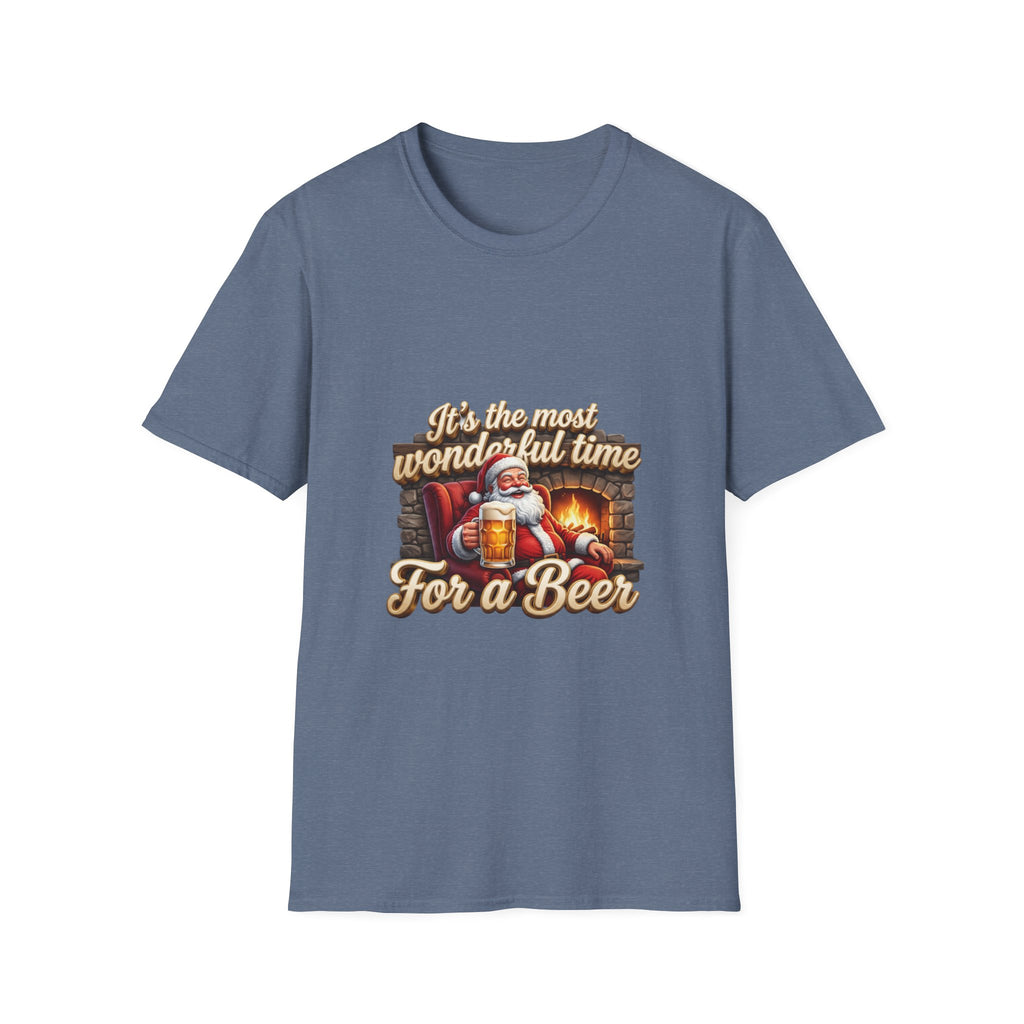 Most Wonderful Time for a Beer Santa print on the front of a Heather Indigo t-shirt, laid flat on white