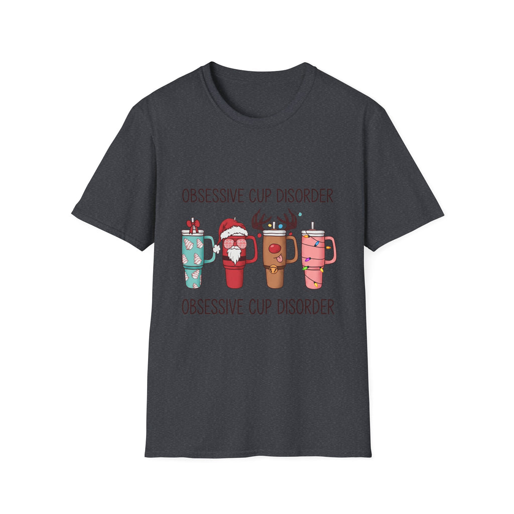 Obsessive Cup Disorder Funny Christmas Tumbler print on the front of a Dark Heather Grey t-shirt, laid flat on white