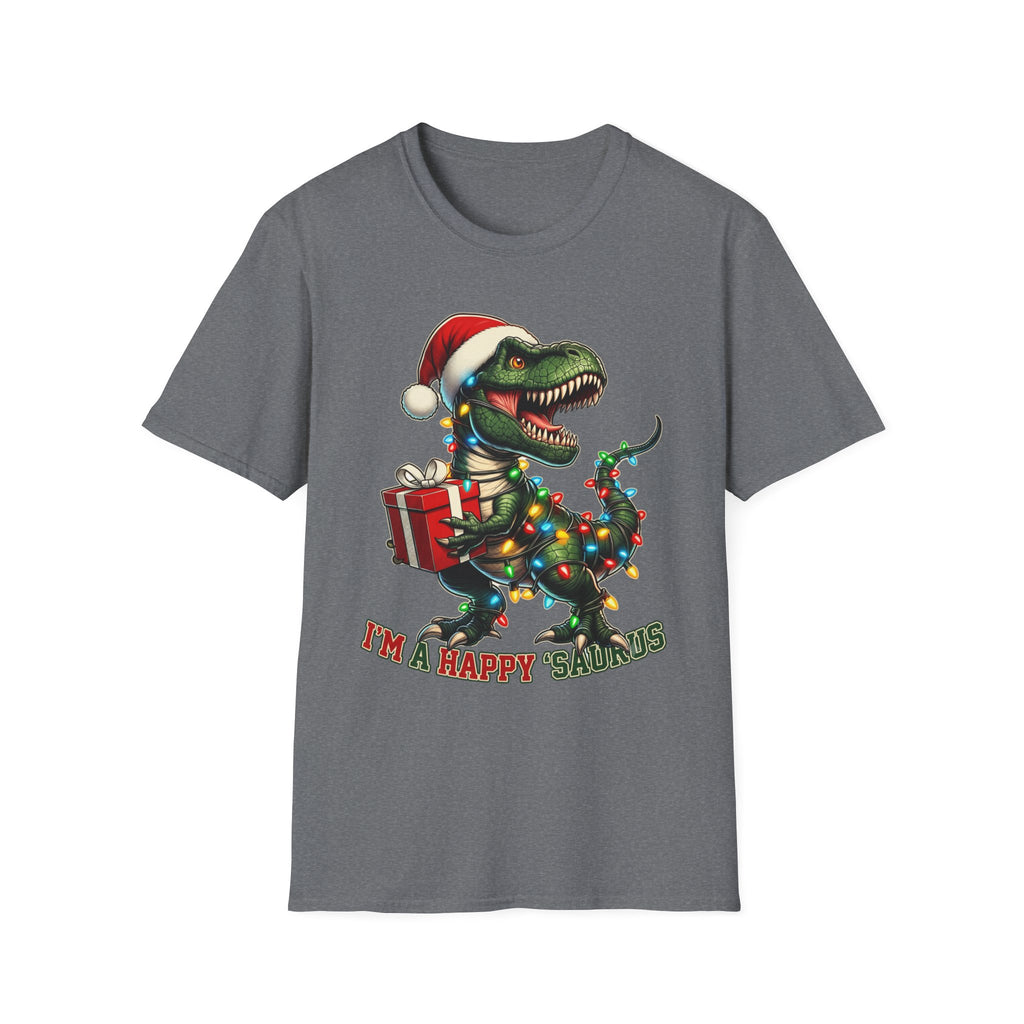 Happy Saurus T-Rex Santa Hat Christmas Lights print on the front of a Graphite Heather t-shirt, laid flat on white