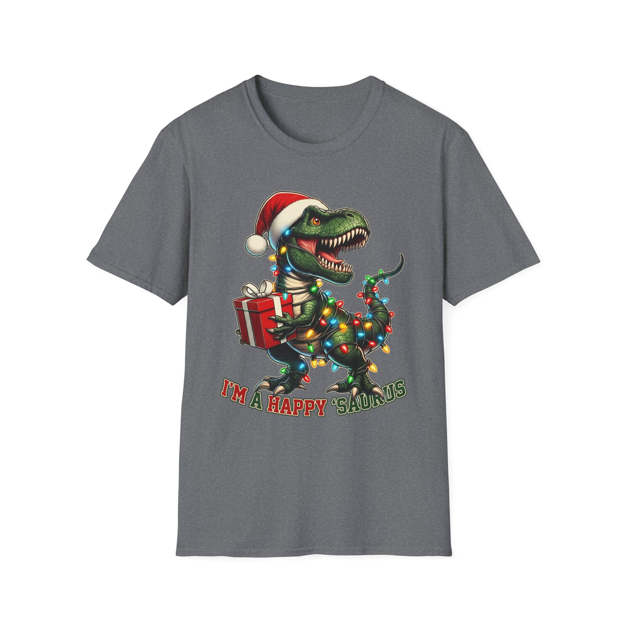 Happy Saurus T-Rex Santa Hat Christmas Lights print on the front of a Graphite Heather t-shirt, laid flat on white