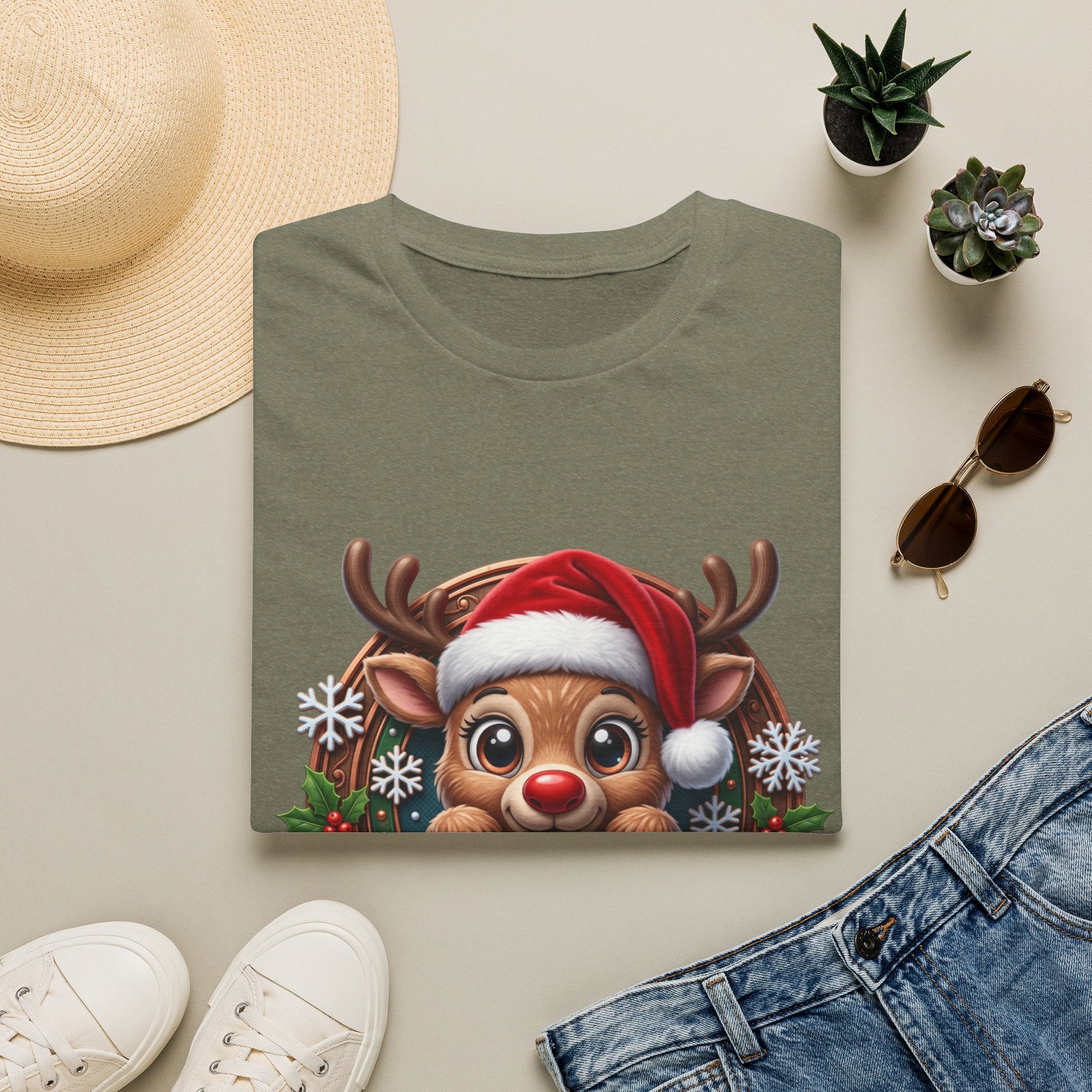 Cute Red-Nosed Reindeer print on a Heather Military Green t-shirt, folded beside a straw hat and jeans