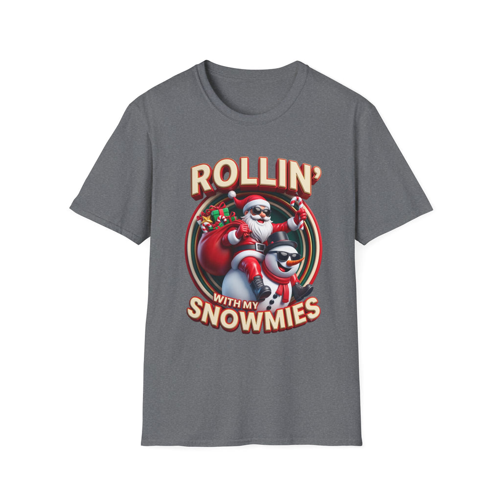 Rollin' with My Snowmies Santa & Snowman print on the front of a Graphite Heather t-shirt, laid flat on white