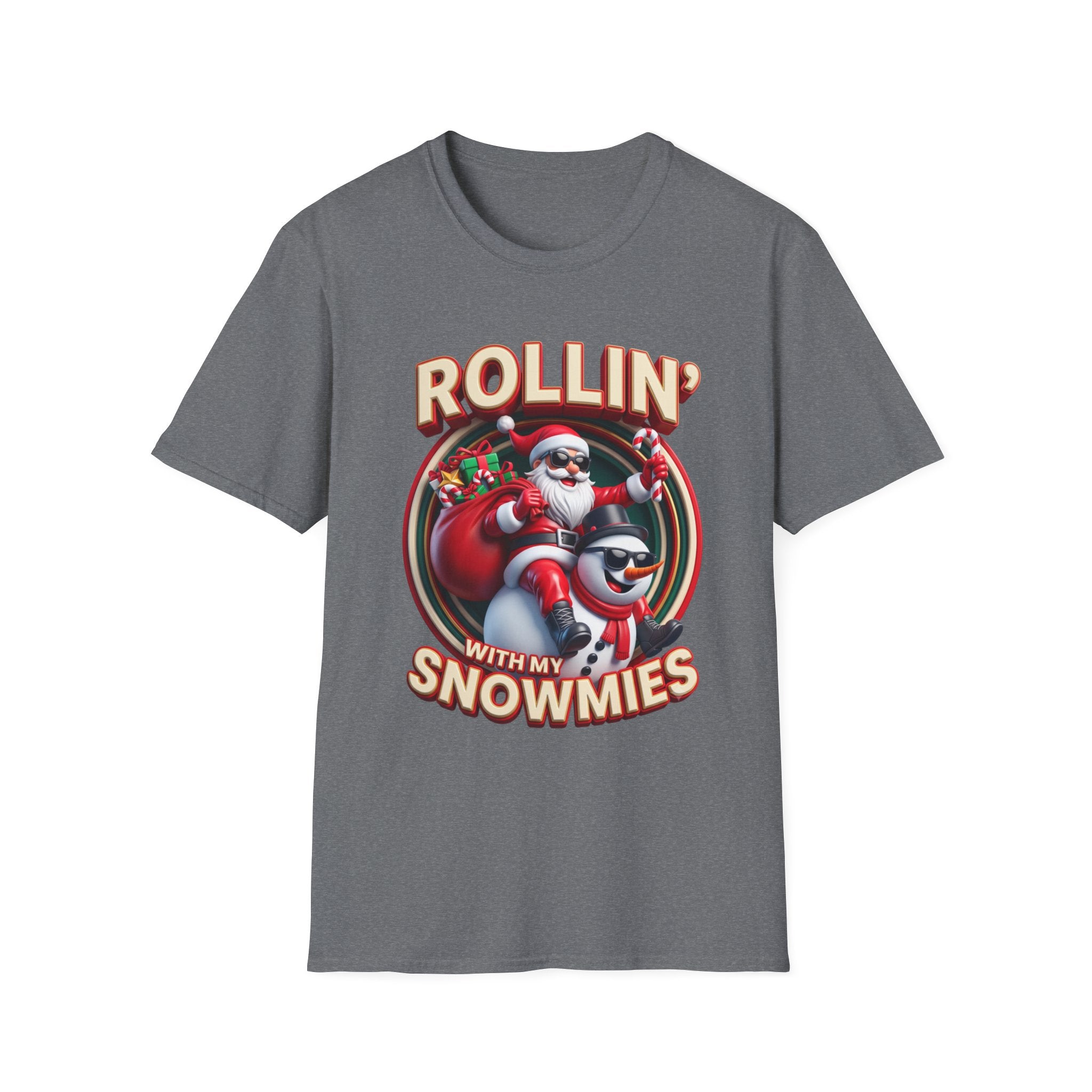 Rollin' with My Snowmies Santa & Snowman print on the front of a Graphite Heather t-shirt, laid flat on white