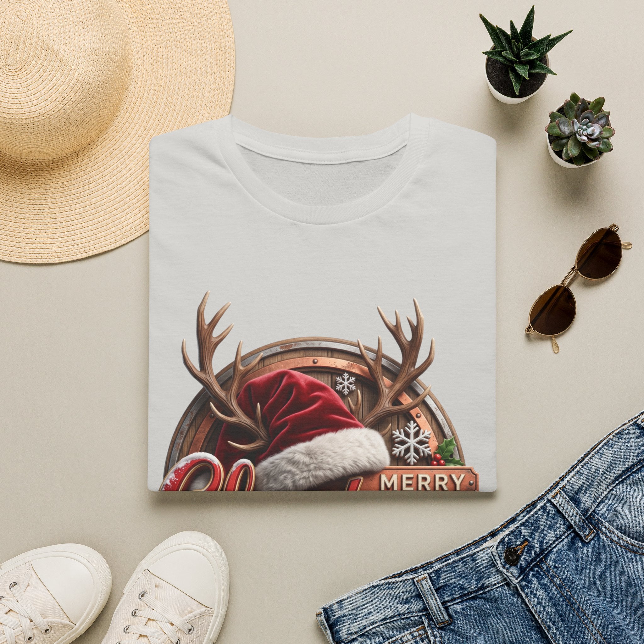 Merry Christmas Vintage Santa Hat & Antlers print on an Ice Grey t-shirt, folded beside a straw hat and jeans