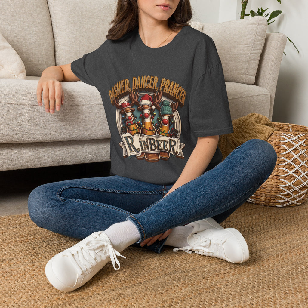 Dasher Dancer Prancer Reinbeer Christmas Beer t-shirt in Dark Heather, worn by a woman seated on a rug