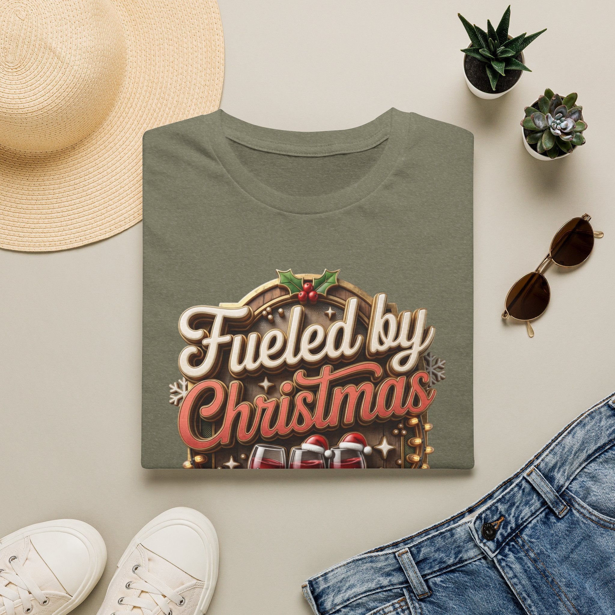 Fueled by Christmas Spirits Wine print on a Heather Military Green t-shirt, folded beside a straw hat and jeans