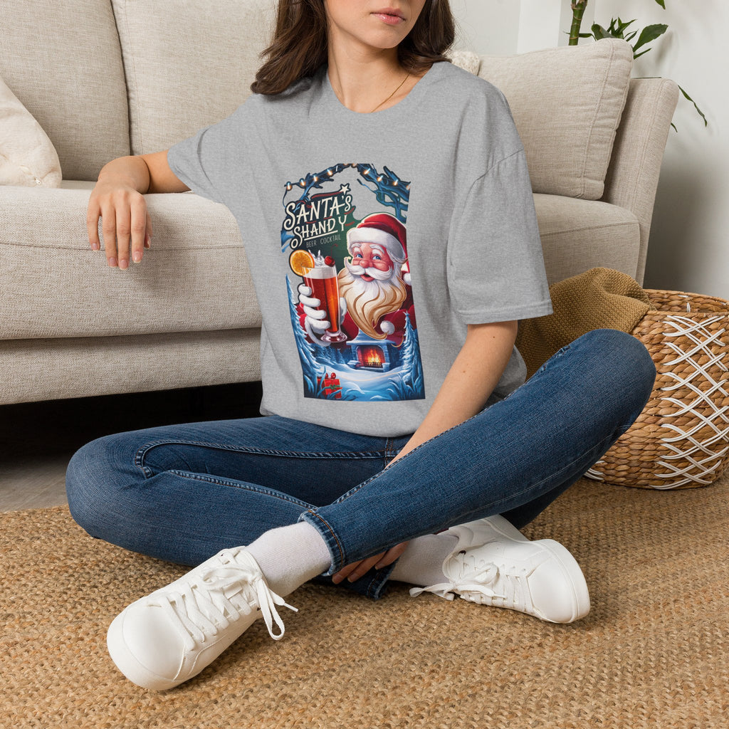 Santa's Shandy Beer Cocktail t-shirt in Sport Grey, worn by a woman seated on a rug