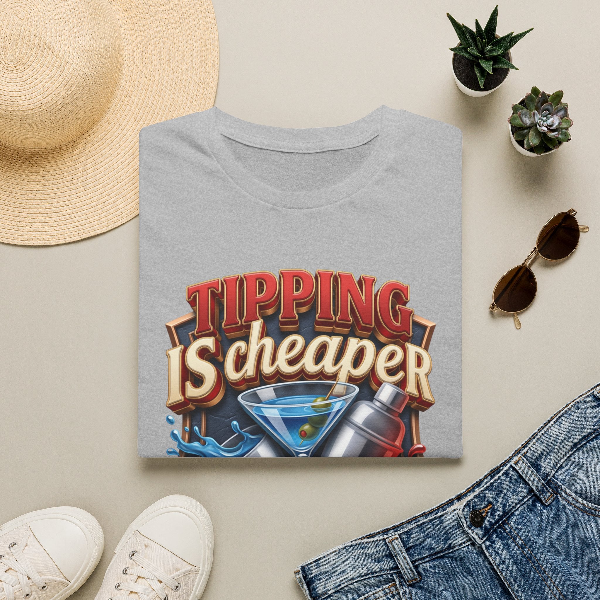 Tipping Is Cheaper Than Therapy Bartender print on a Sport Grey t-shirt, folded beside a straw hat and jeans