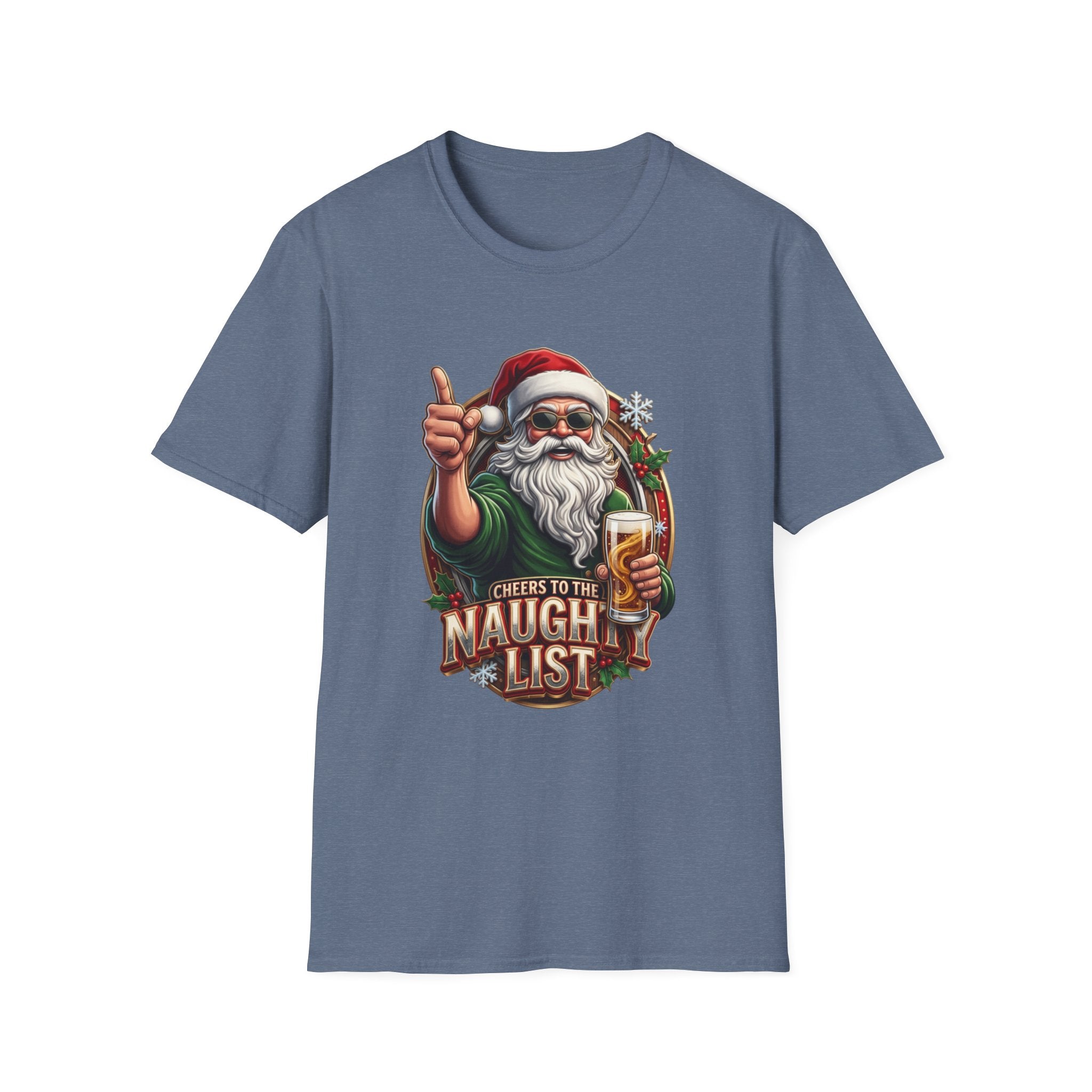 Cheers to the Naughty List Santa Beer print on the front of a Heather Indigo t-shirt, laid flat on white