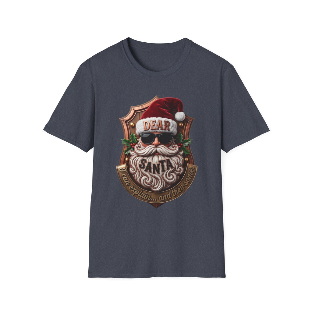 Dear Santa I Can Explain Sunglasses Crest print on the front of a Heather Navy t-shirt, laid flat on white