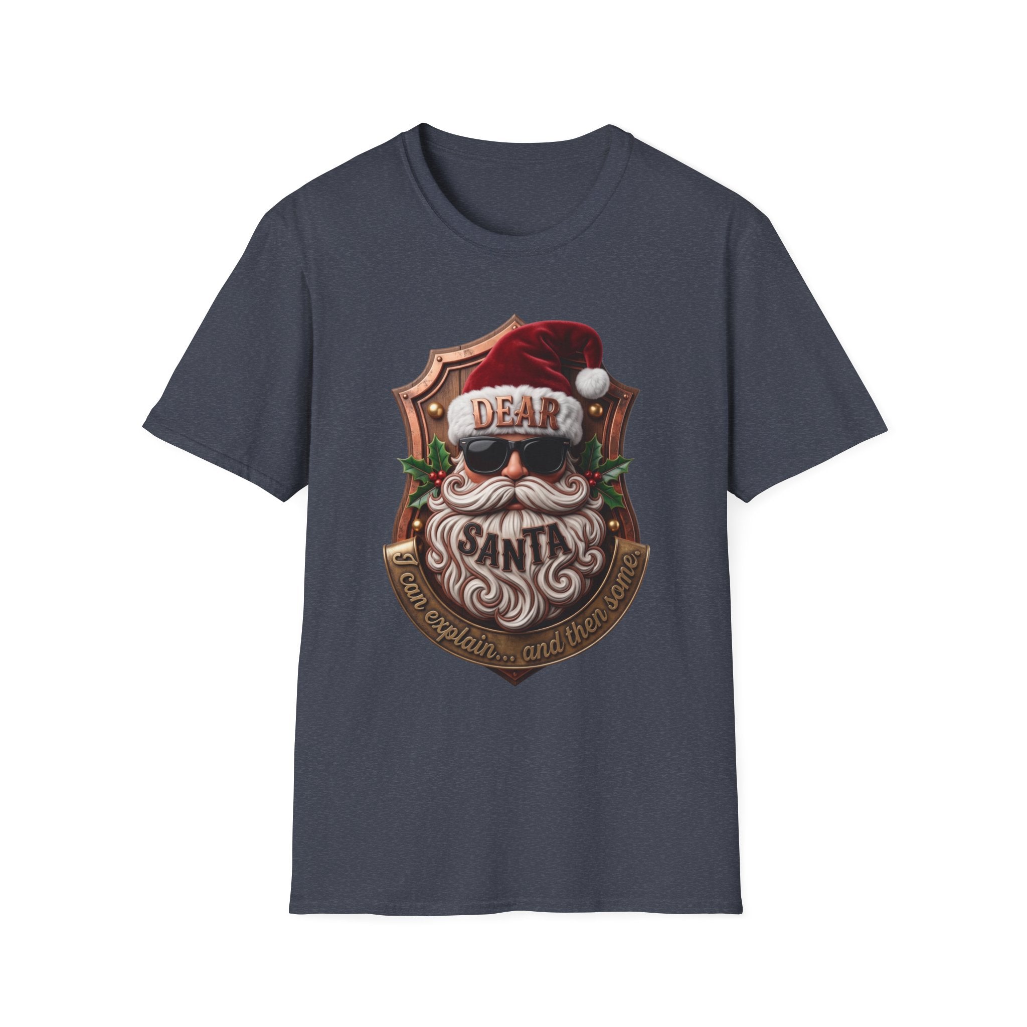 Dear Santa I Can Explain Sunglasses Crest print on the front of a Heather Navy t-shirt, laid flat on white
