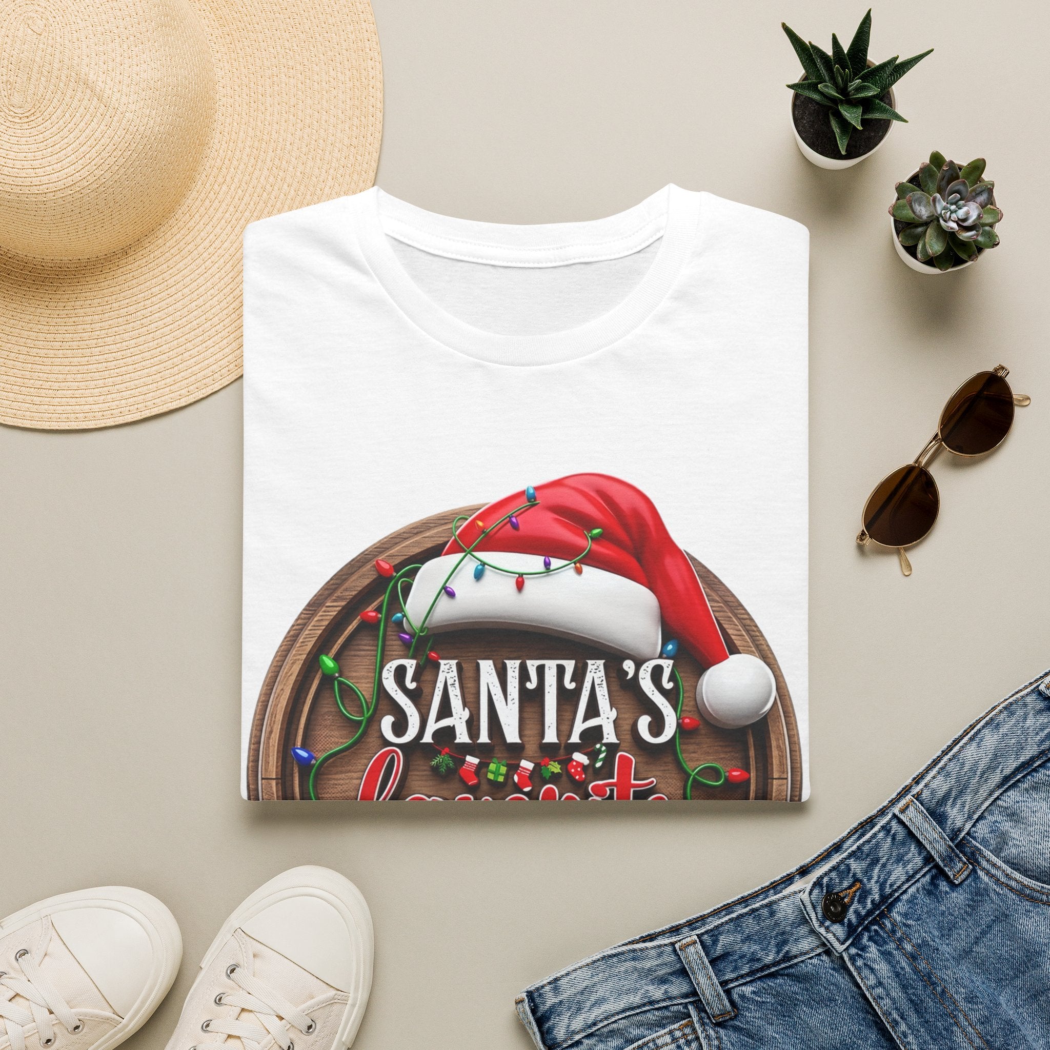 Santa's Favorite Office Staff print on a White t-shirt, folded beside a straw hat and jeans