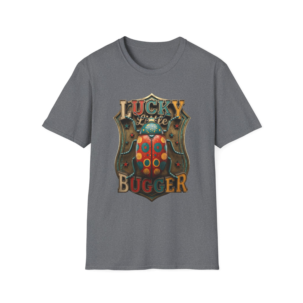 Lucky Little Bugger Vintage Beetle print on the front of a Graphite Heather t-shirt, laid flat on white