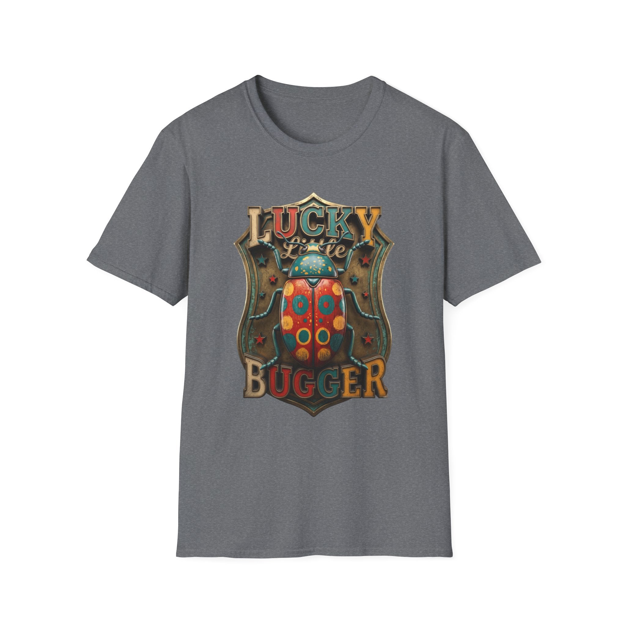 Lucky Little Bugger Vintage Beetle print on the front of a Graphite Heather t-shirt, laid flat on white
