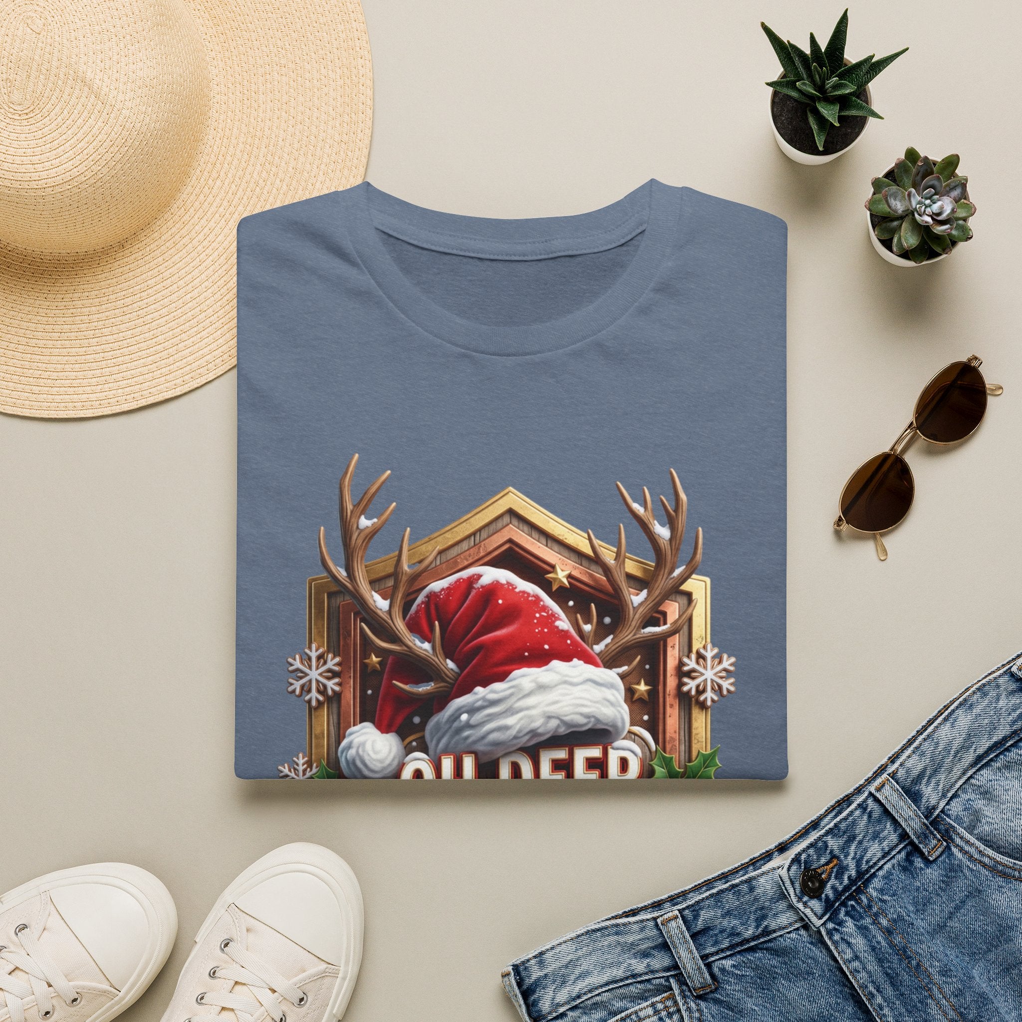 Oh Deer It's Christmas Looks a Lot Like Cocktails print on a Heather Indigo t-shirt, folded beside a straw hat and jeans